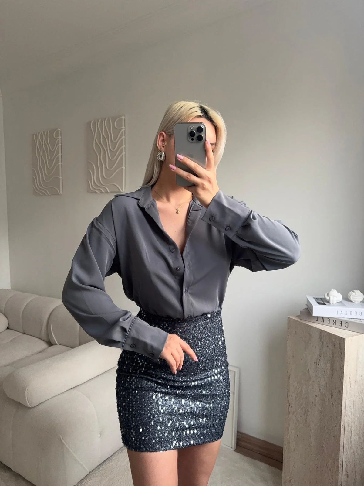 Pul Payet Etekli Gömlek Elbise - GRİ