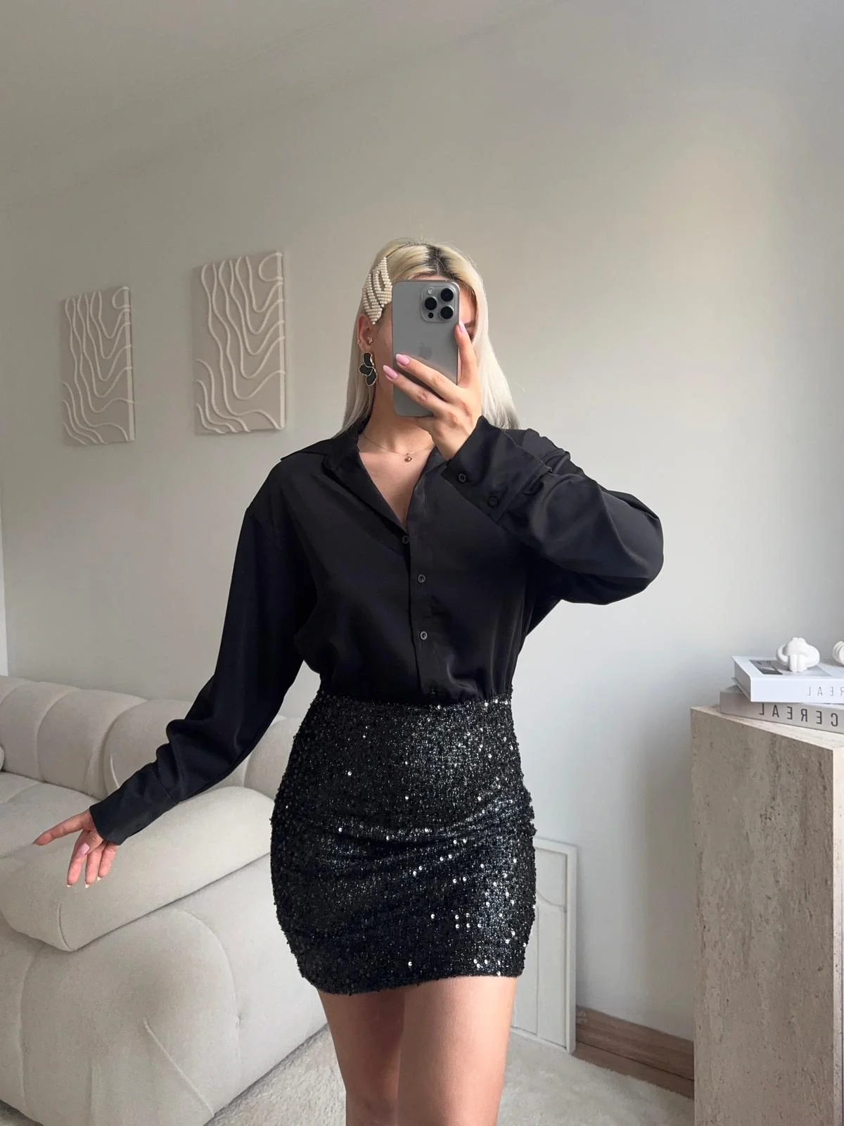 Pul Payet Etekli Gömlek Elbise - SİYAH