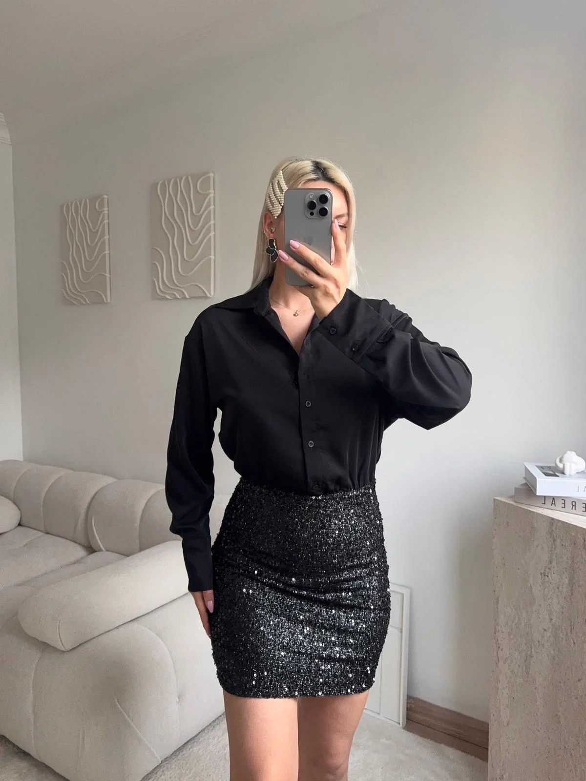 Pul Payet Etekli Gömlek Elbise - SİYAH