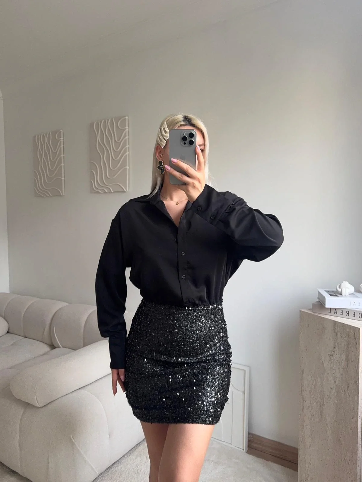 Pul Payet Etekli Gömlek Elbise - SİYAH