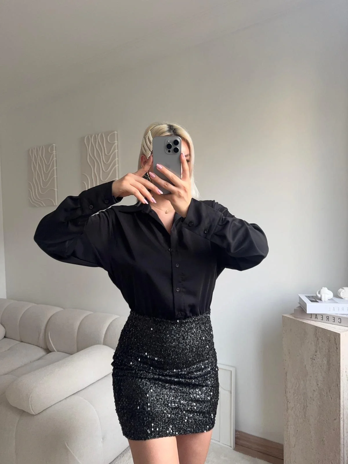 Pul Payet Etekli Gömlek Elbise - SİYAH