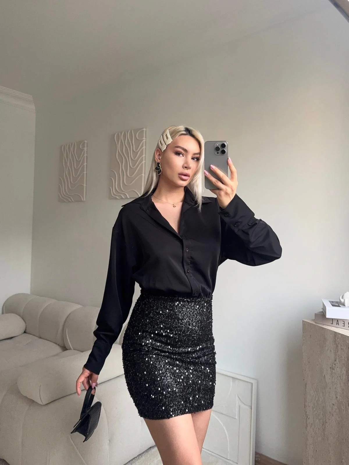 Pul Payet Etekli Gömlek Elbise - SİYAH