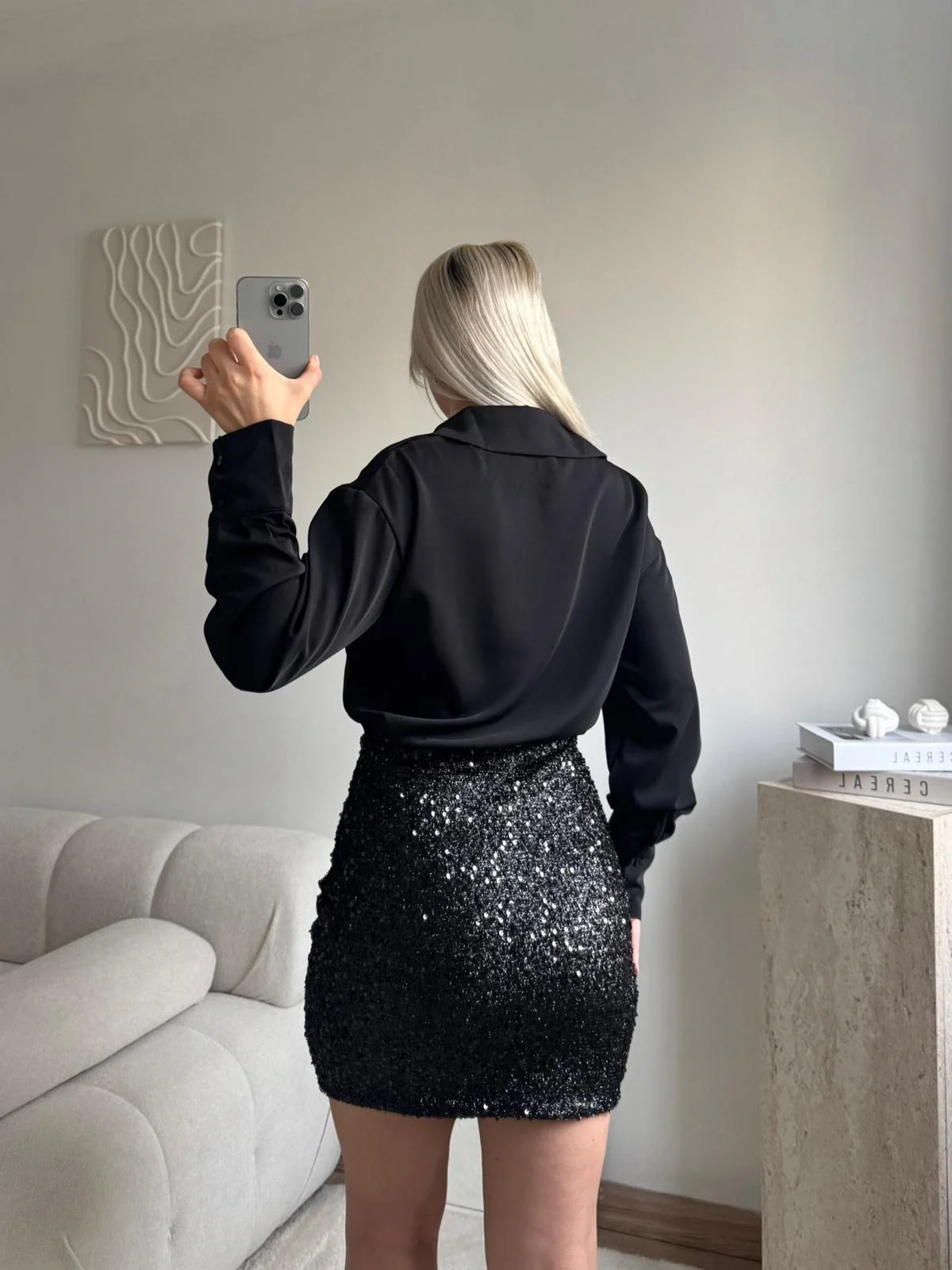 Pul Payet Etekli Gömlek Elbise - SİYAH