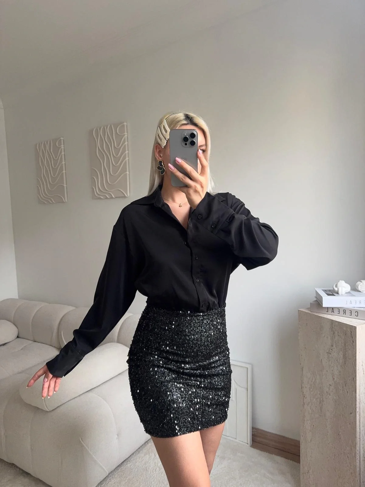 Pul Payet Etekli Gömlek Elbise - SİYAH