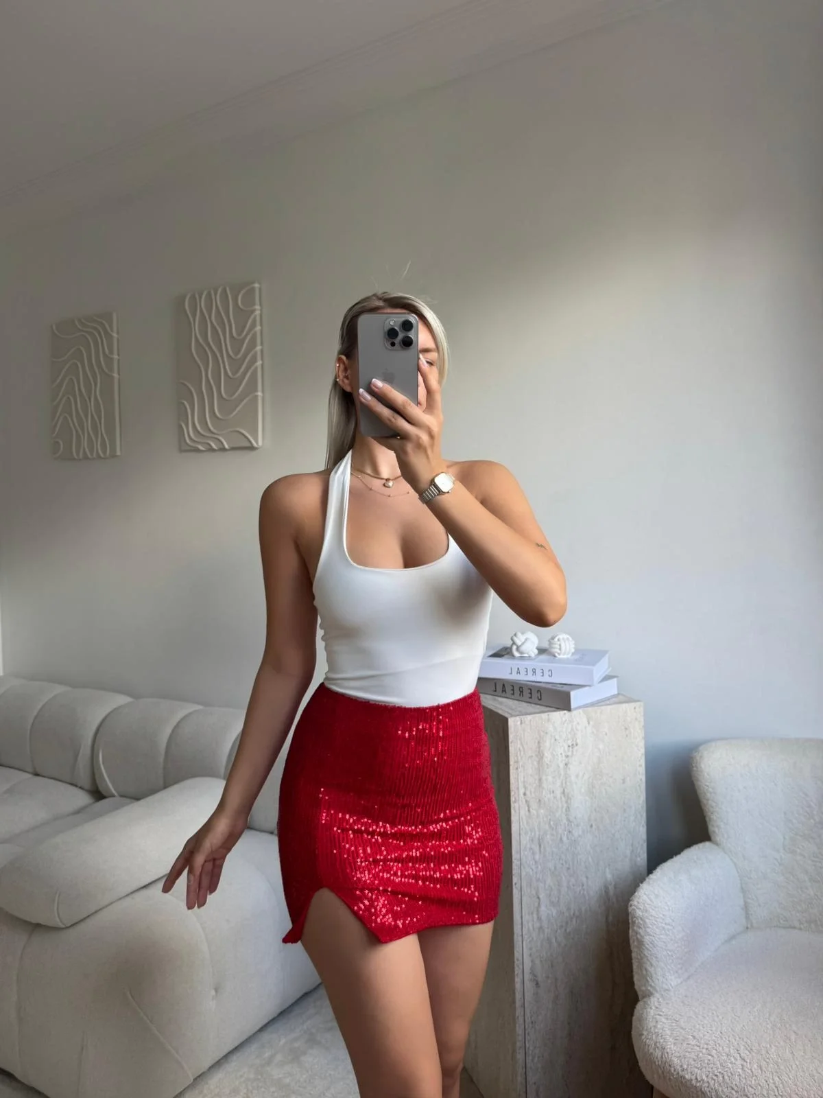 Pul Payetli Yırtmaçlı Mini Etek - KIRMIZI