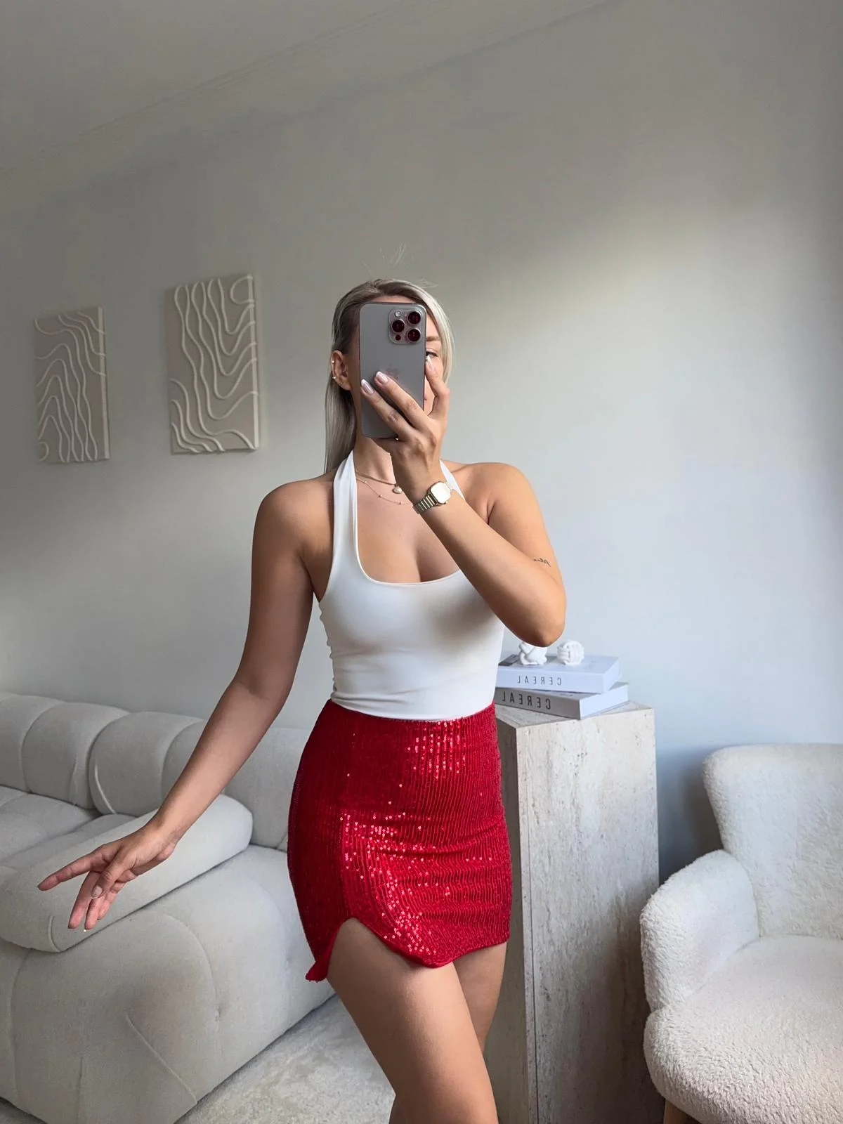 Pul Payetli Yırtmaçlı Mini Etek - KIRMIZI