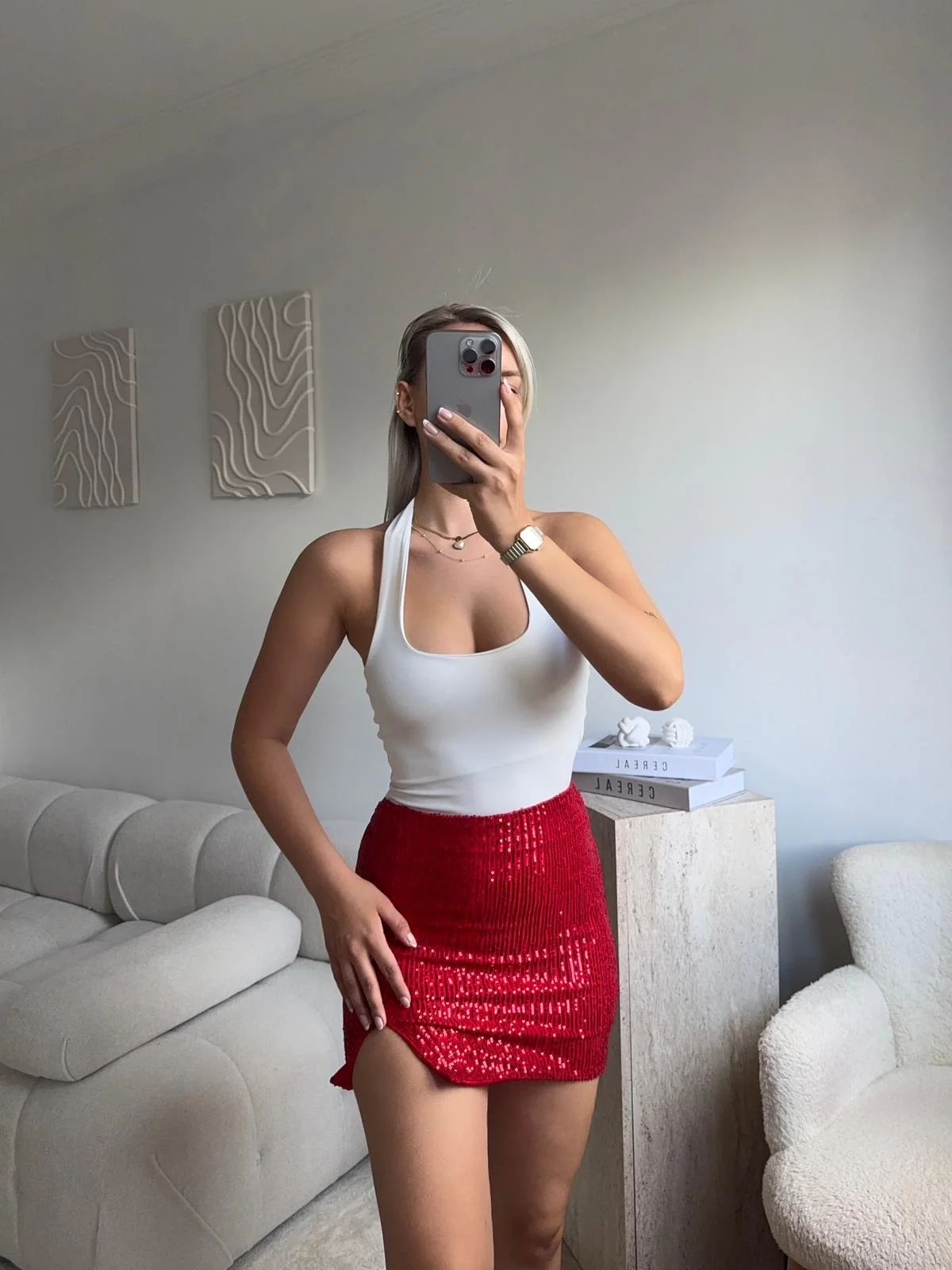 Pul Payetli Yırtmaçlı Mini Etek - KIRMIZI