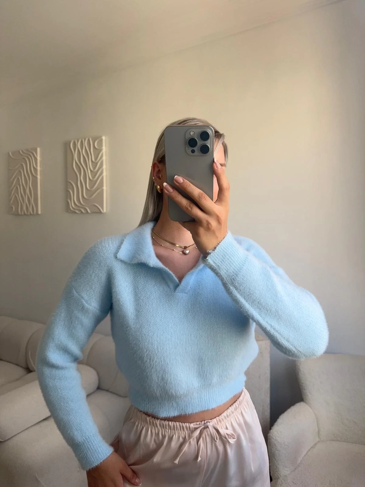 Premium Polo Yaka Crop - MAVİ