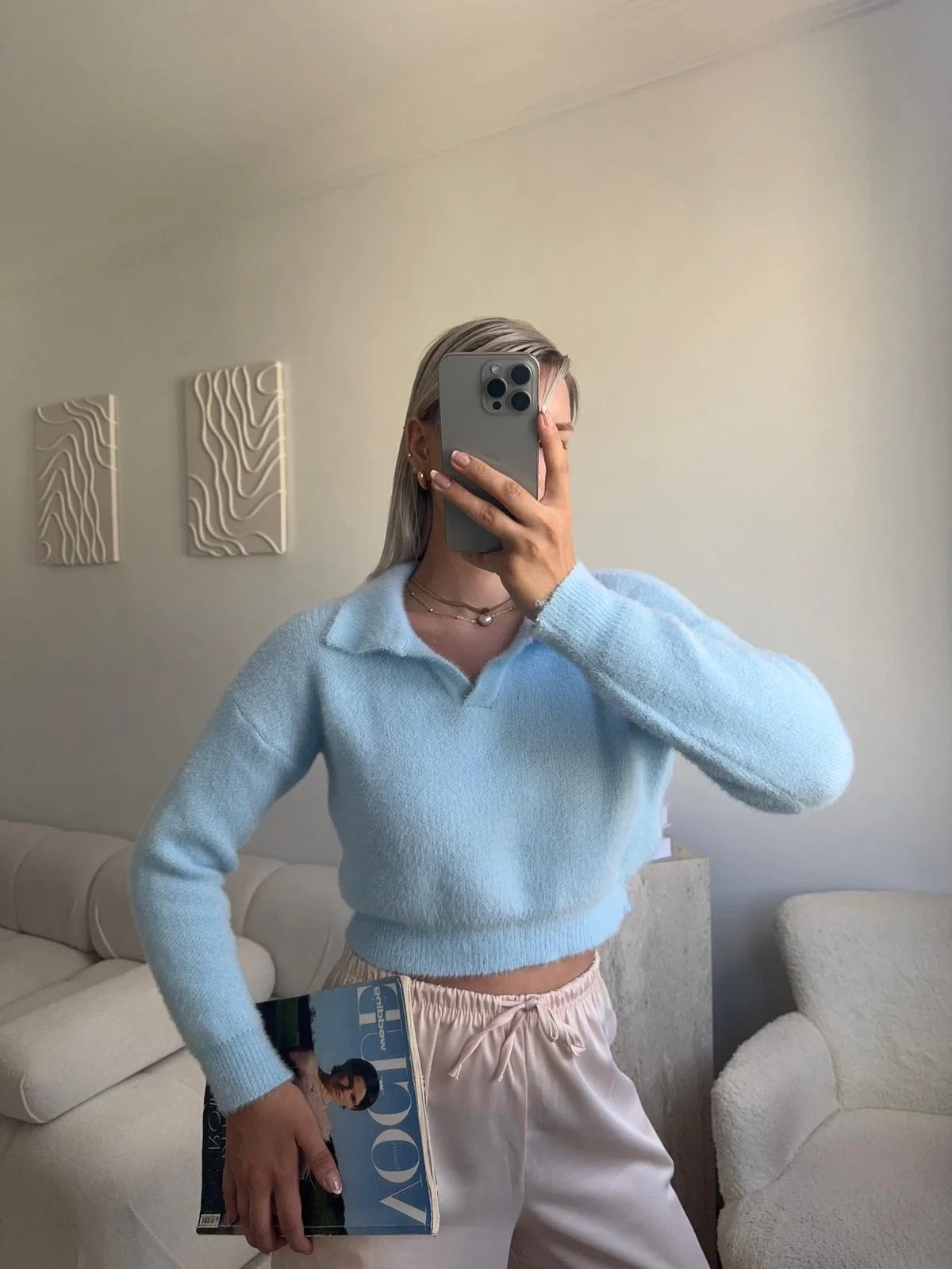 Premium Polo Yaka Crop - MAVİ