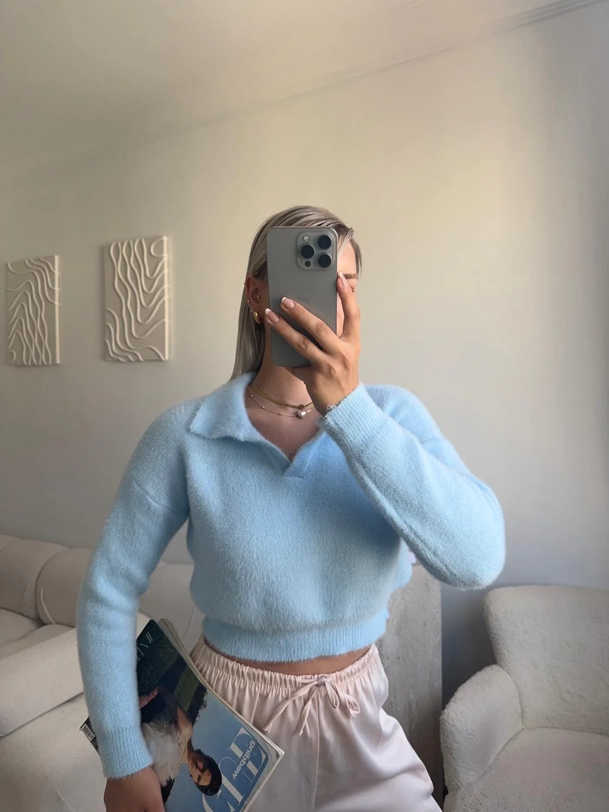 Premium Polo Yaka Crop - MAVİ