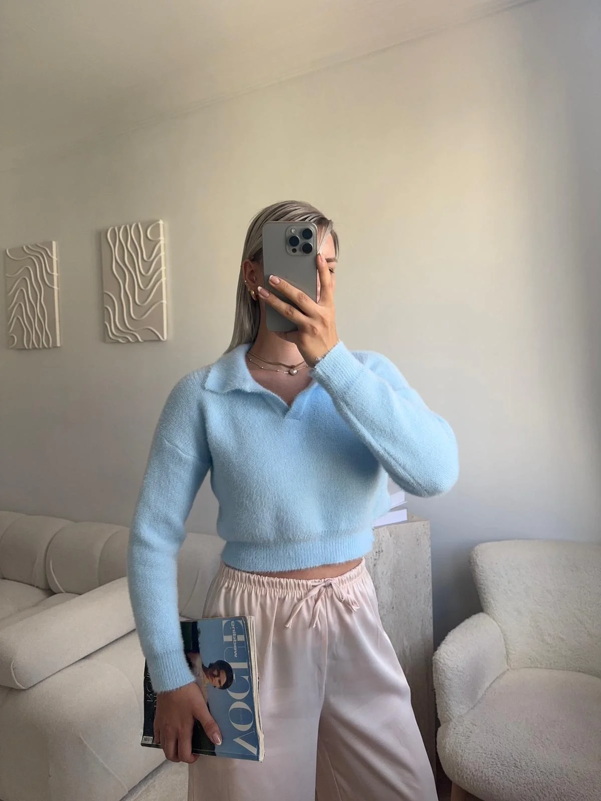 Premium Polo Yaka Crop - MAVİ