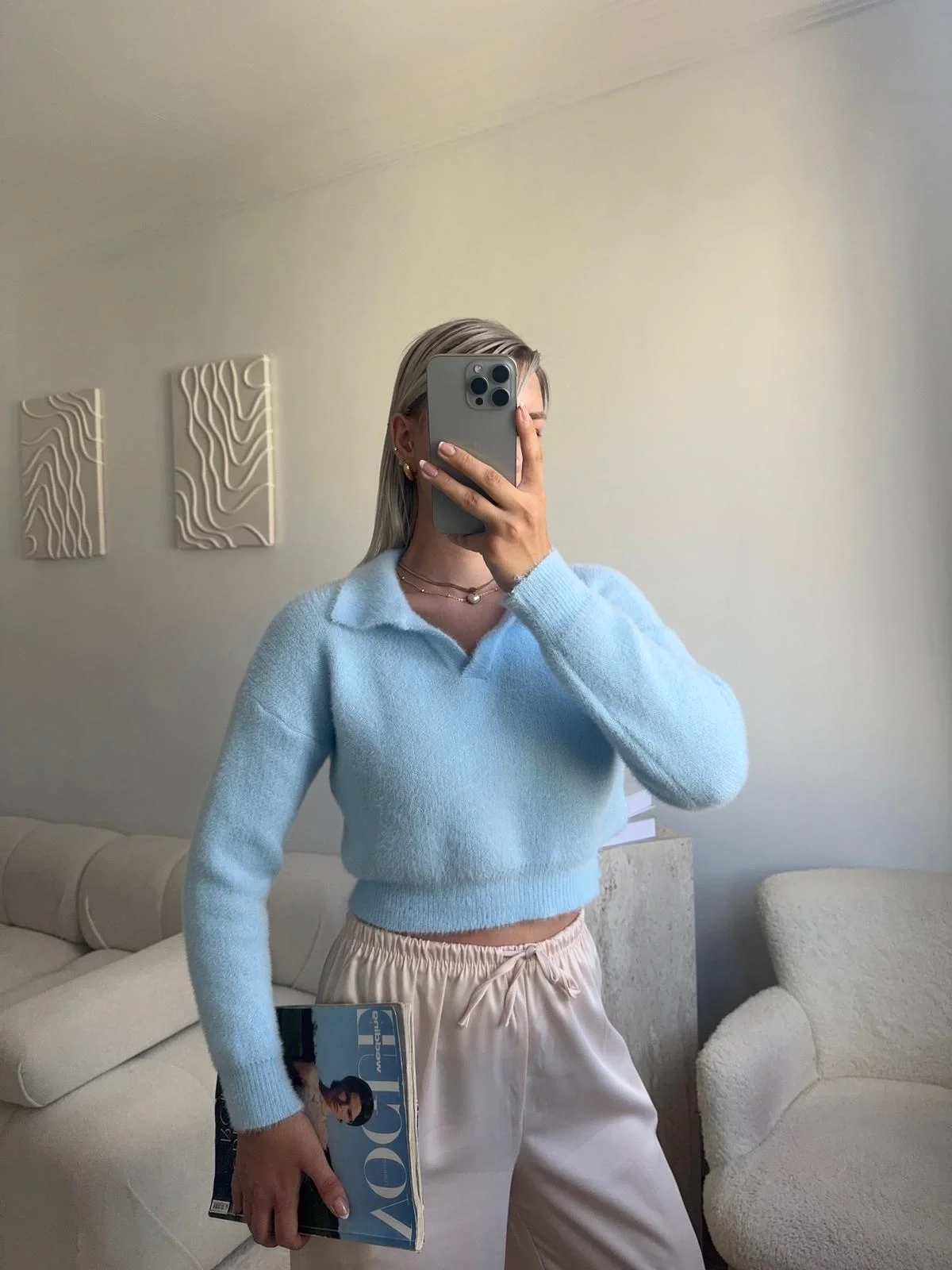 Premium Polo Yaka Crop - MAVİ