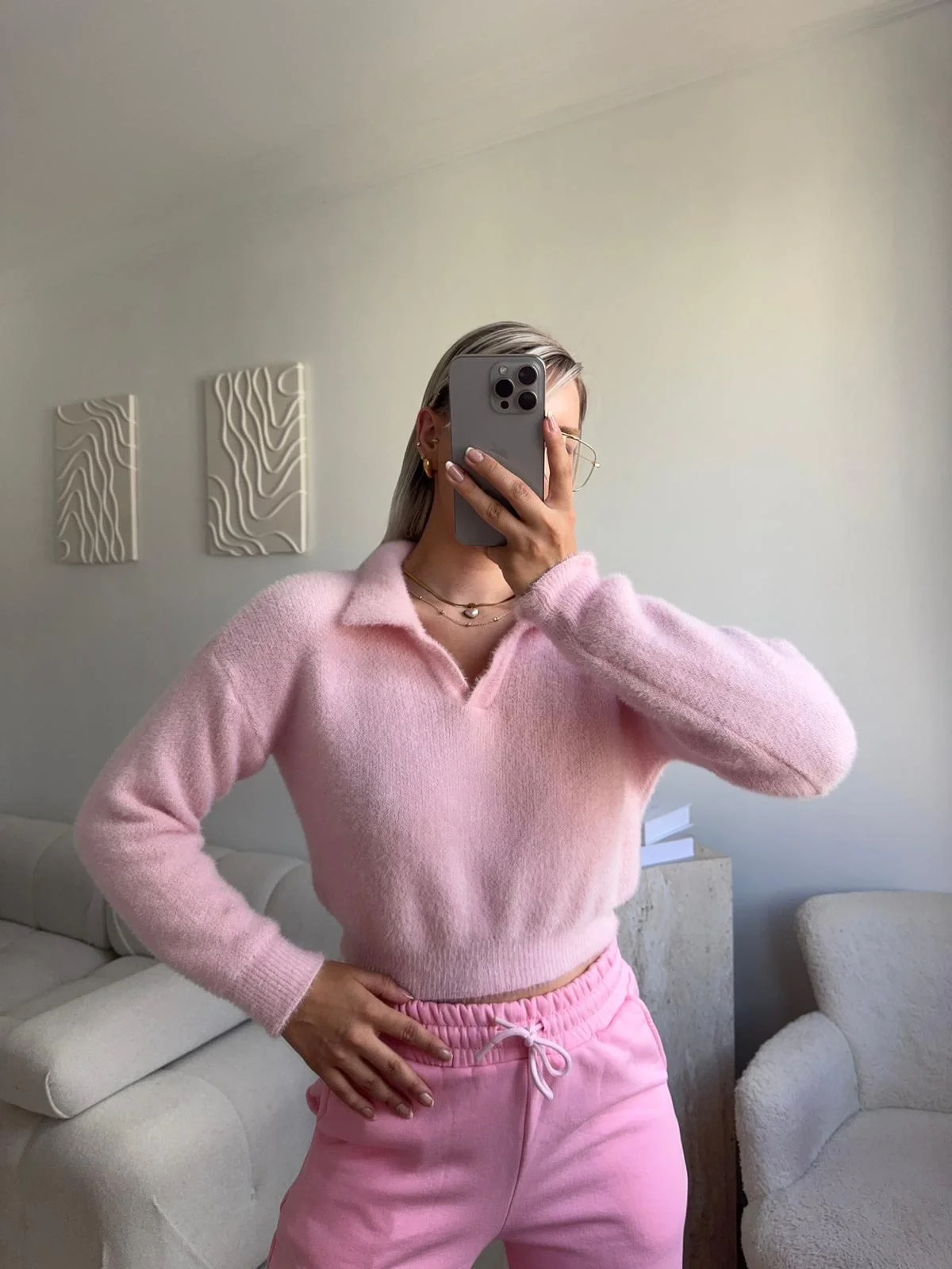 Premium Polo Yaka Crop - PEMBE