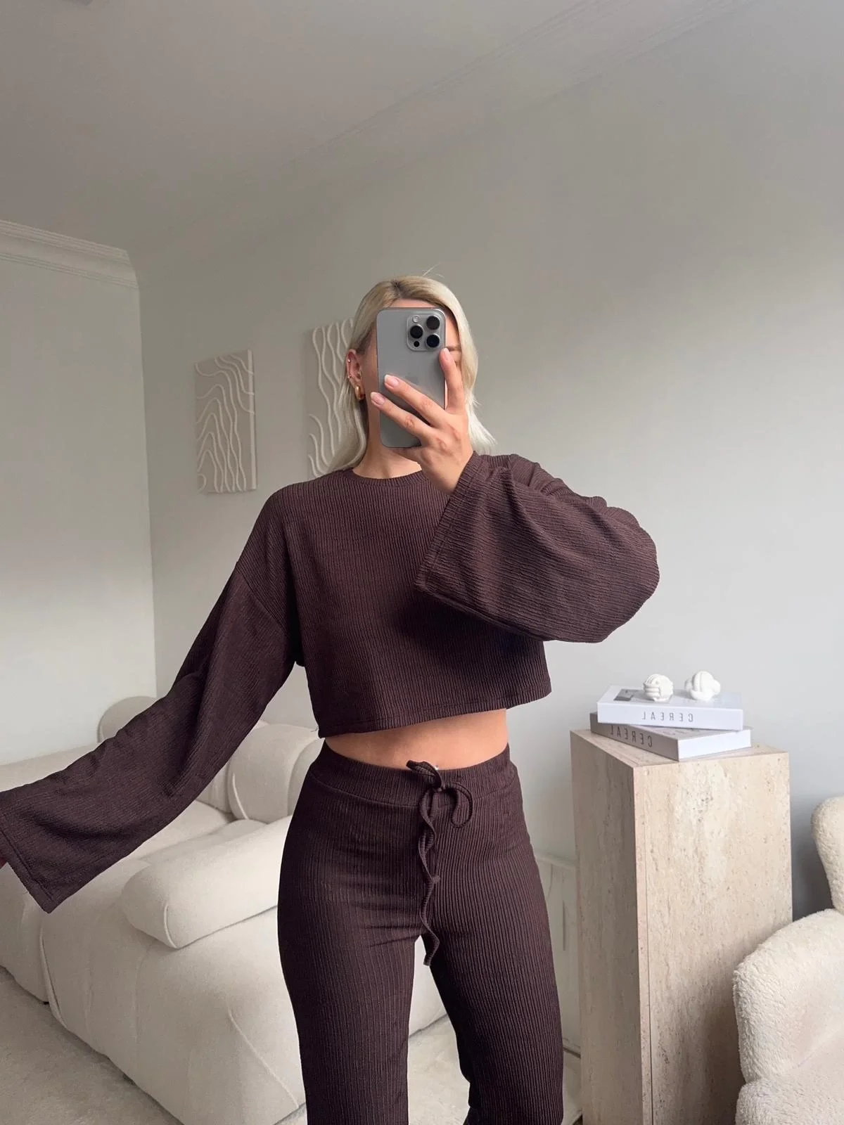 Salaş Crop & Pantolon Takım - KAHVE