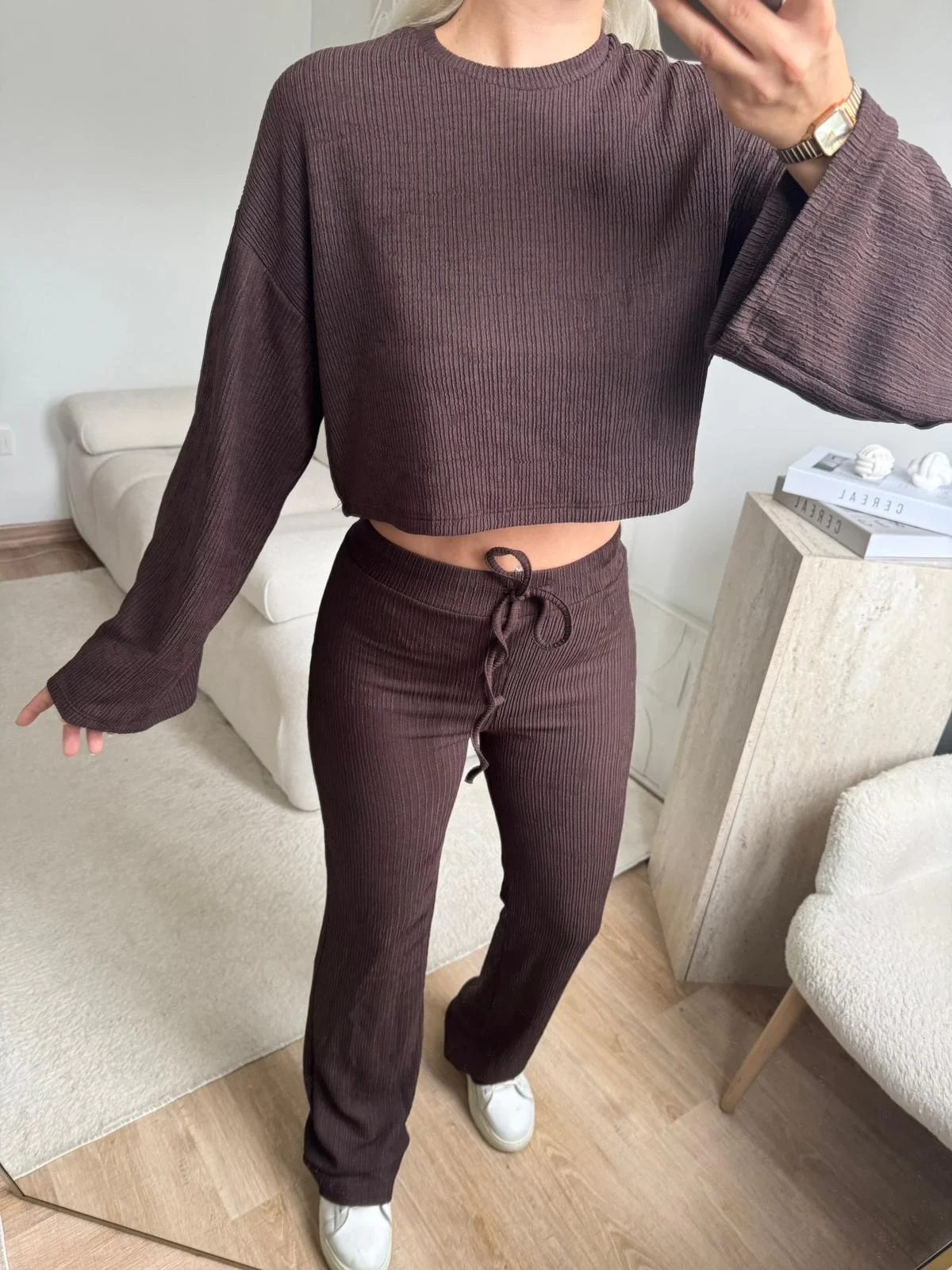 Salaş Crop & Pantolon Takım - KAHVE