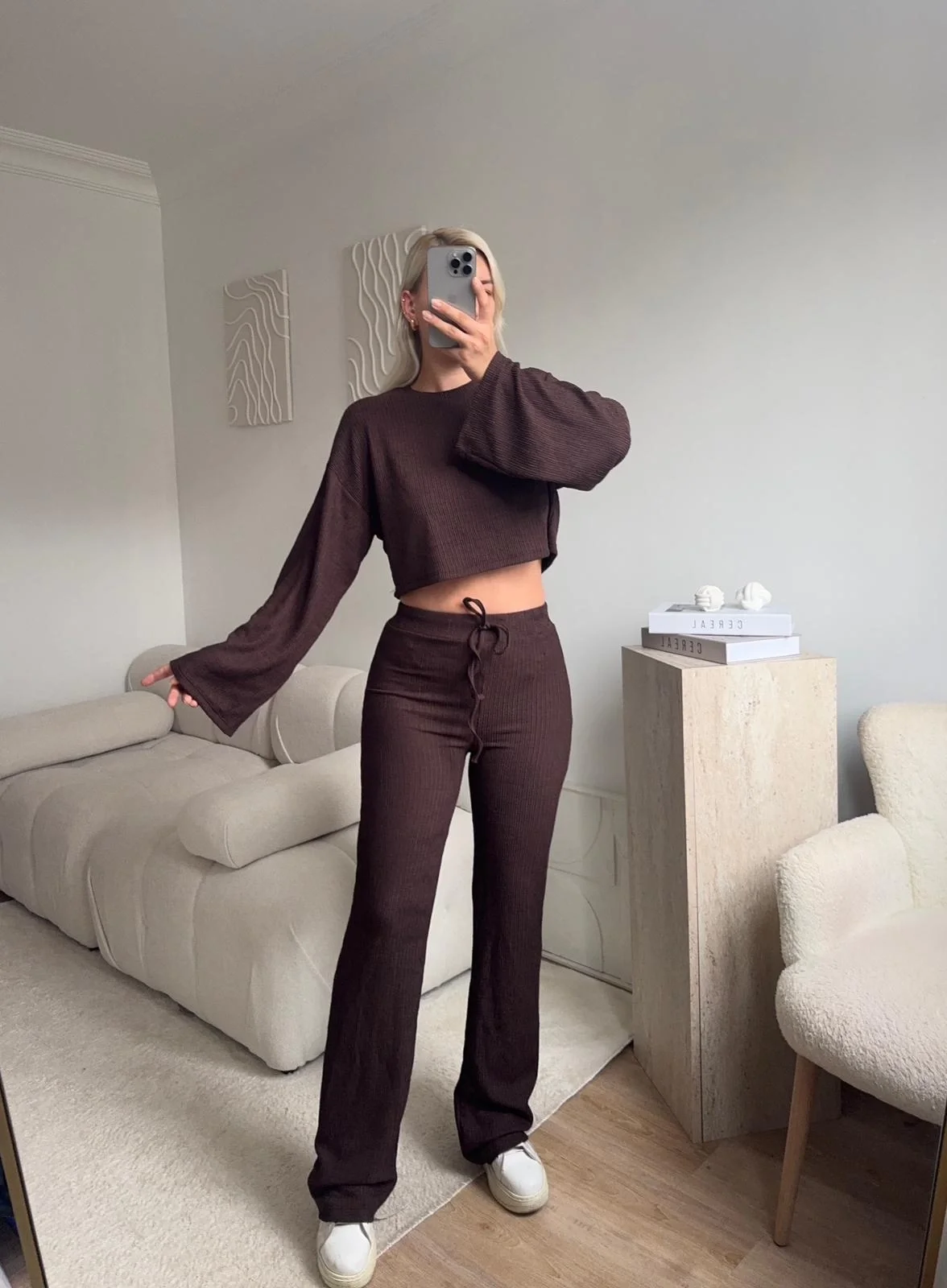 Salaş Crop & Pantolon Takım - KAHVE