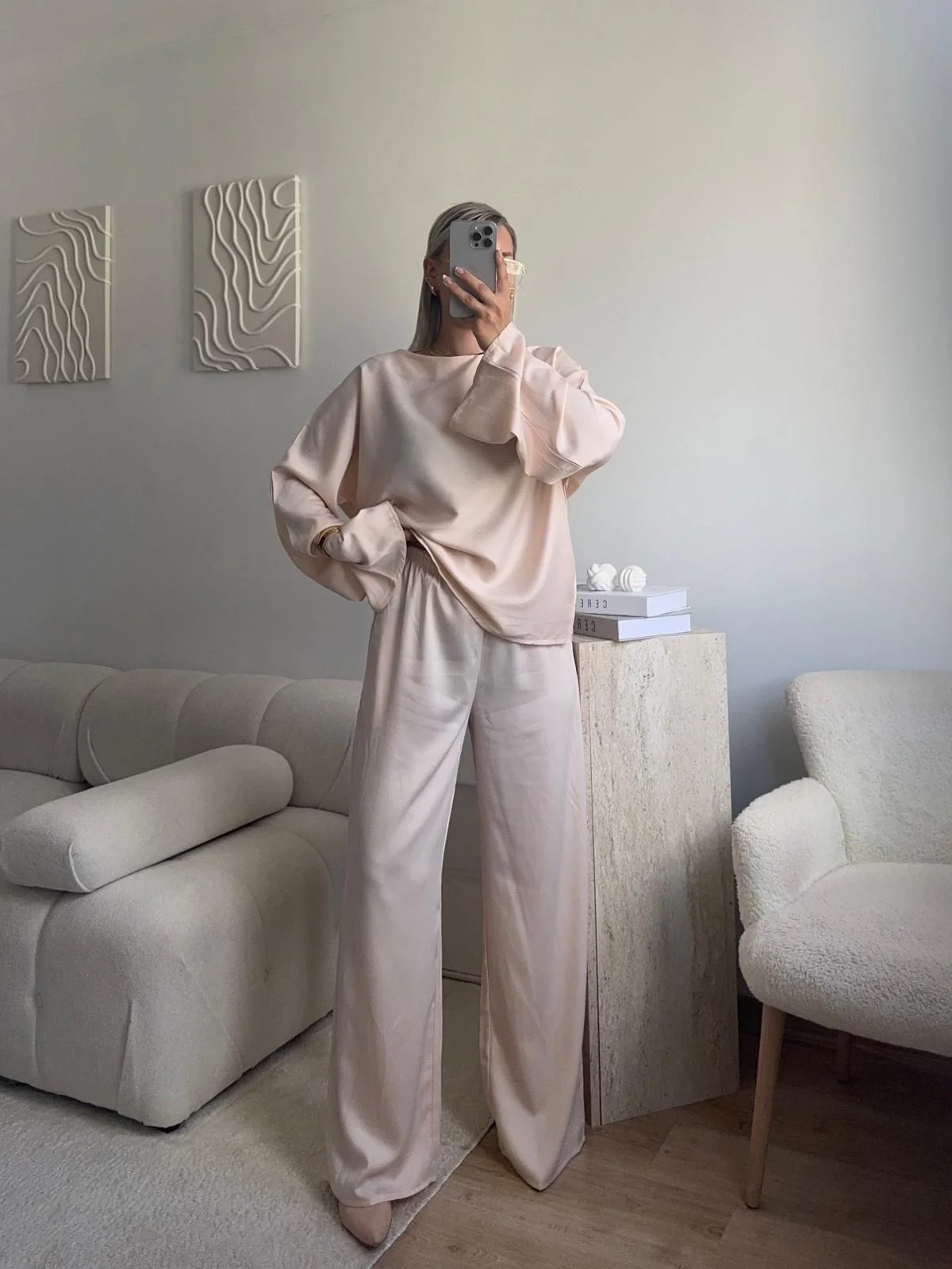 Saten Oversize İkili Takım - BEJ