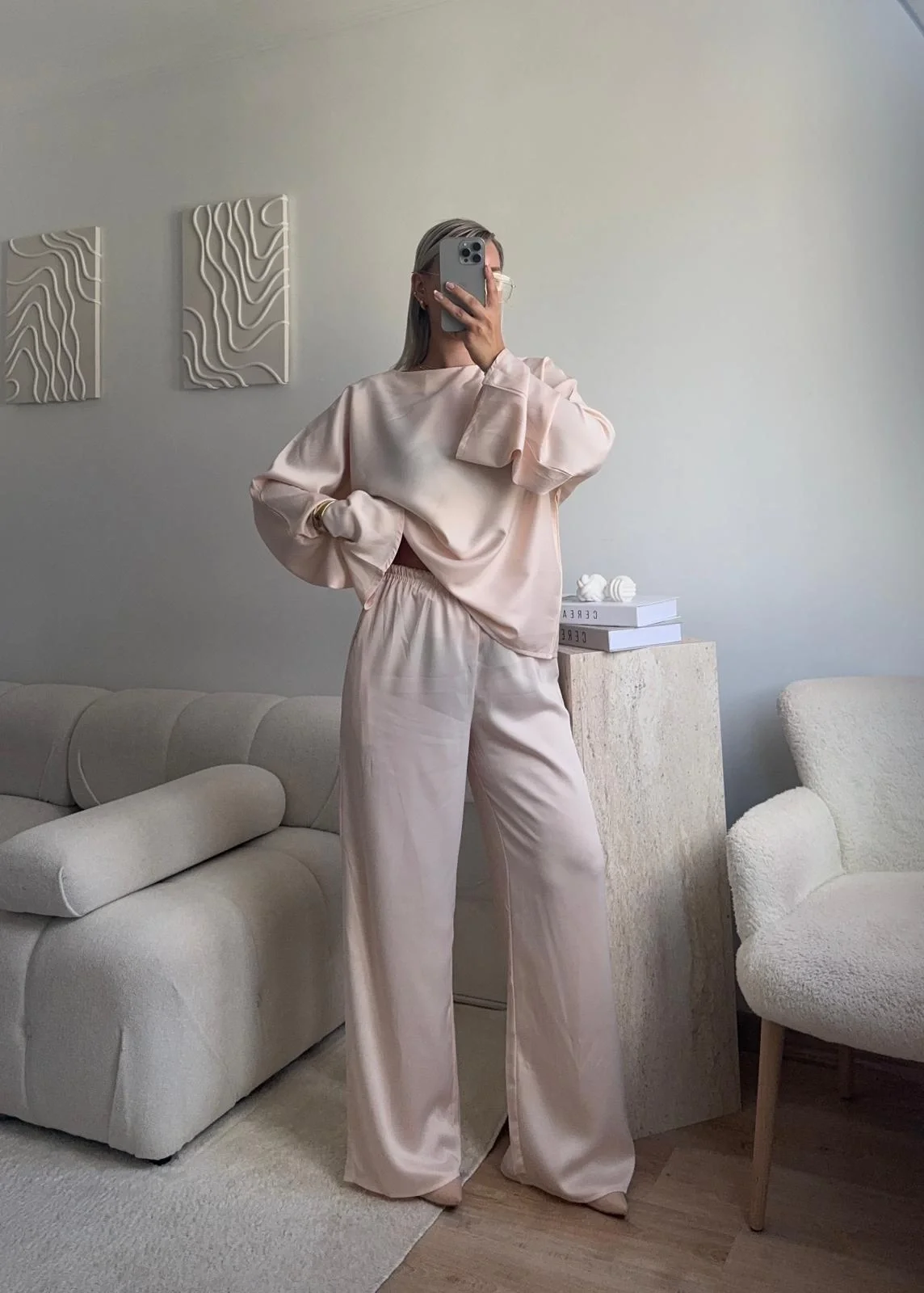 Saten Oversize İkili Takım - BEJ