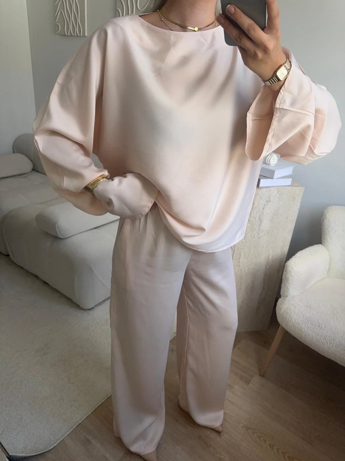 Saten Oversize İkili Takım - BEJ