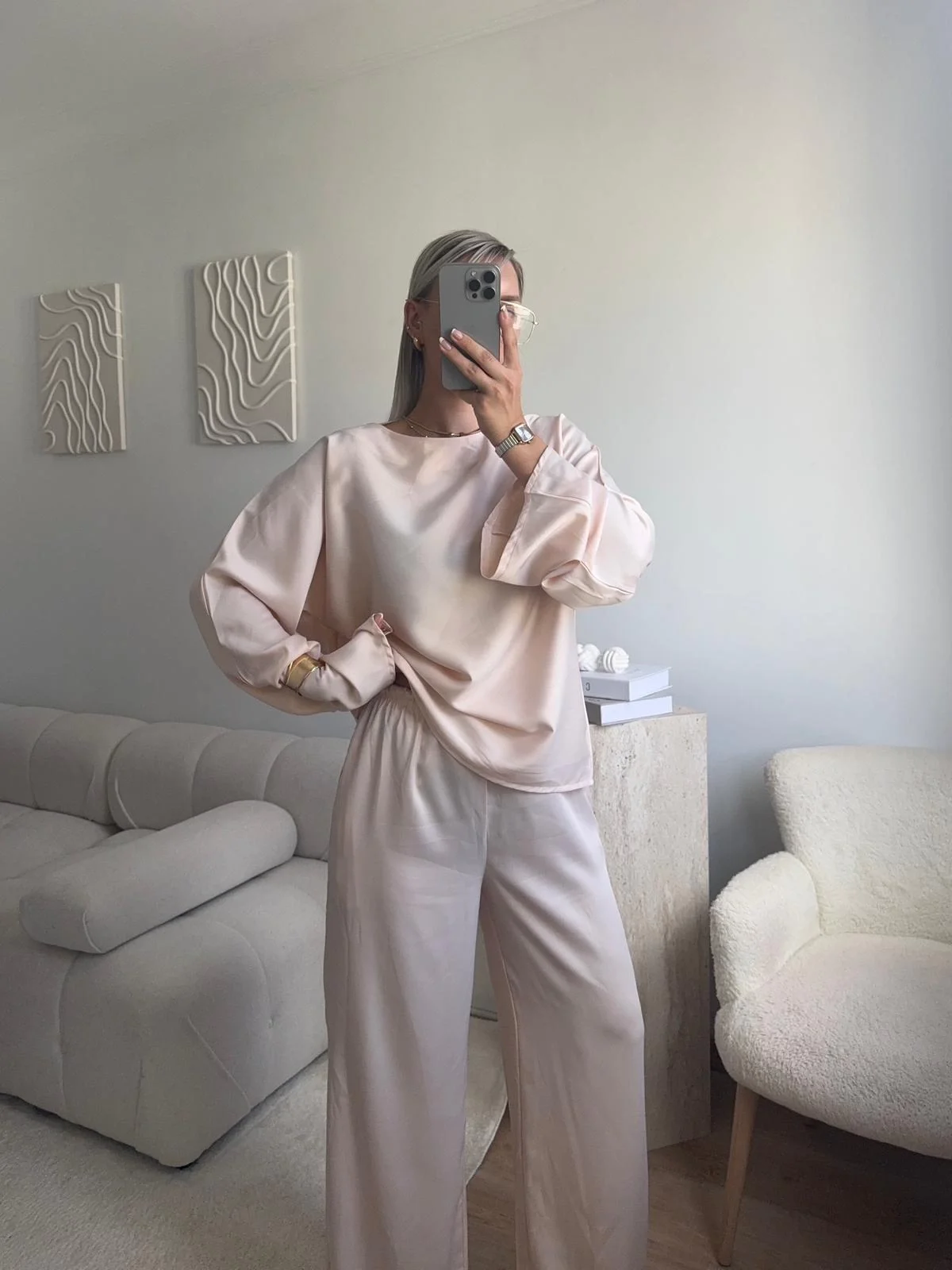 Saten Oversize İkili Takım - BEJ