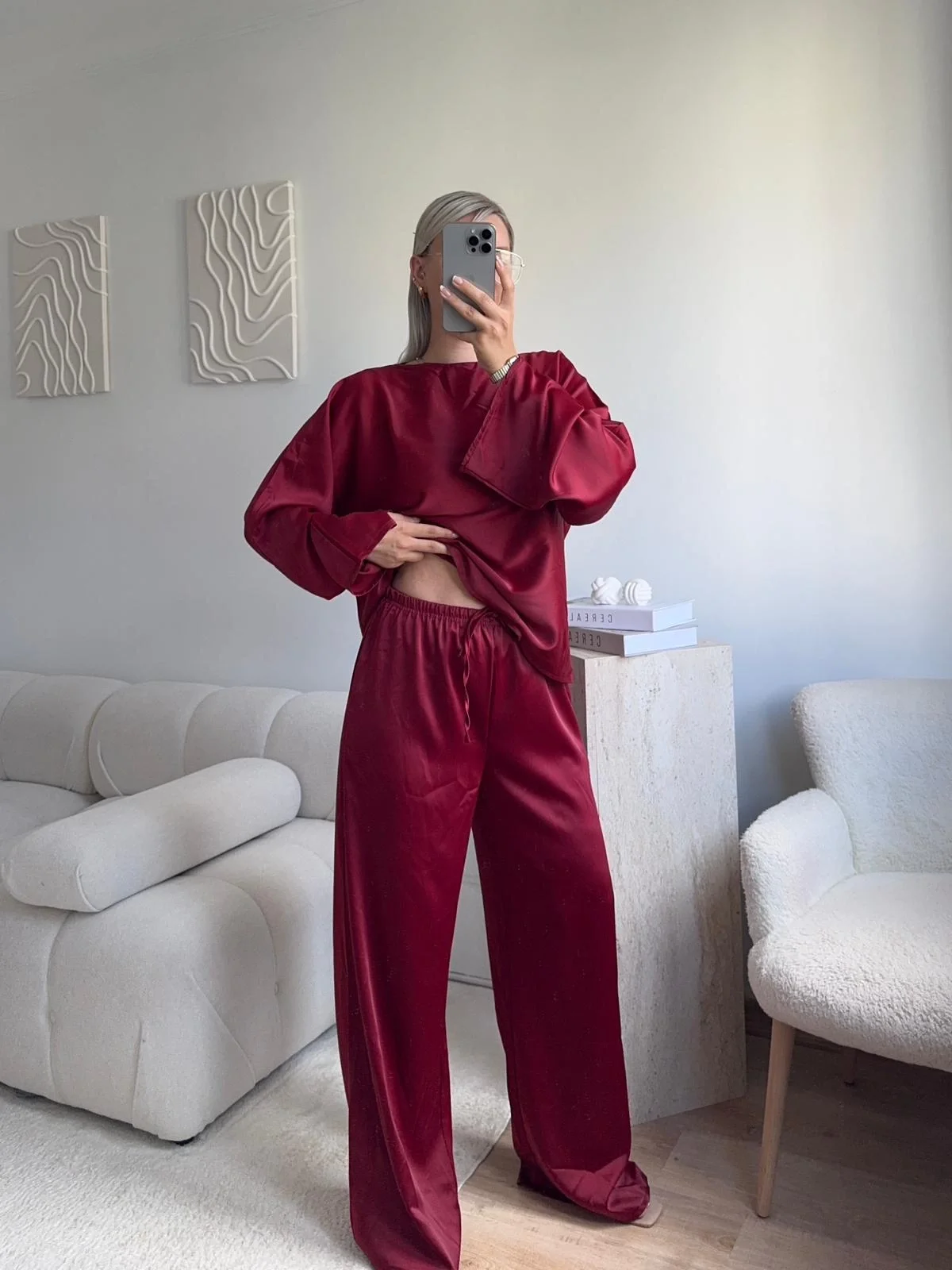 Saten Oversize İkili Takım - BORDO