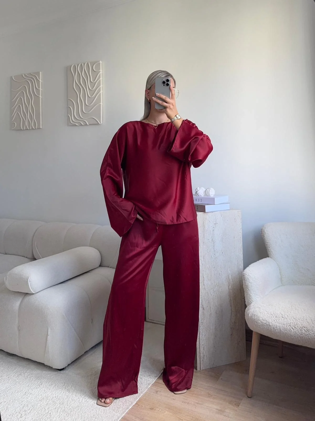 Saten Oversize İkili Takım - BORDO