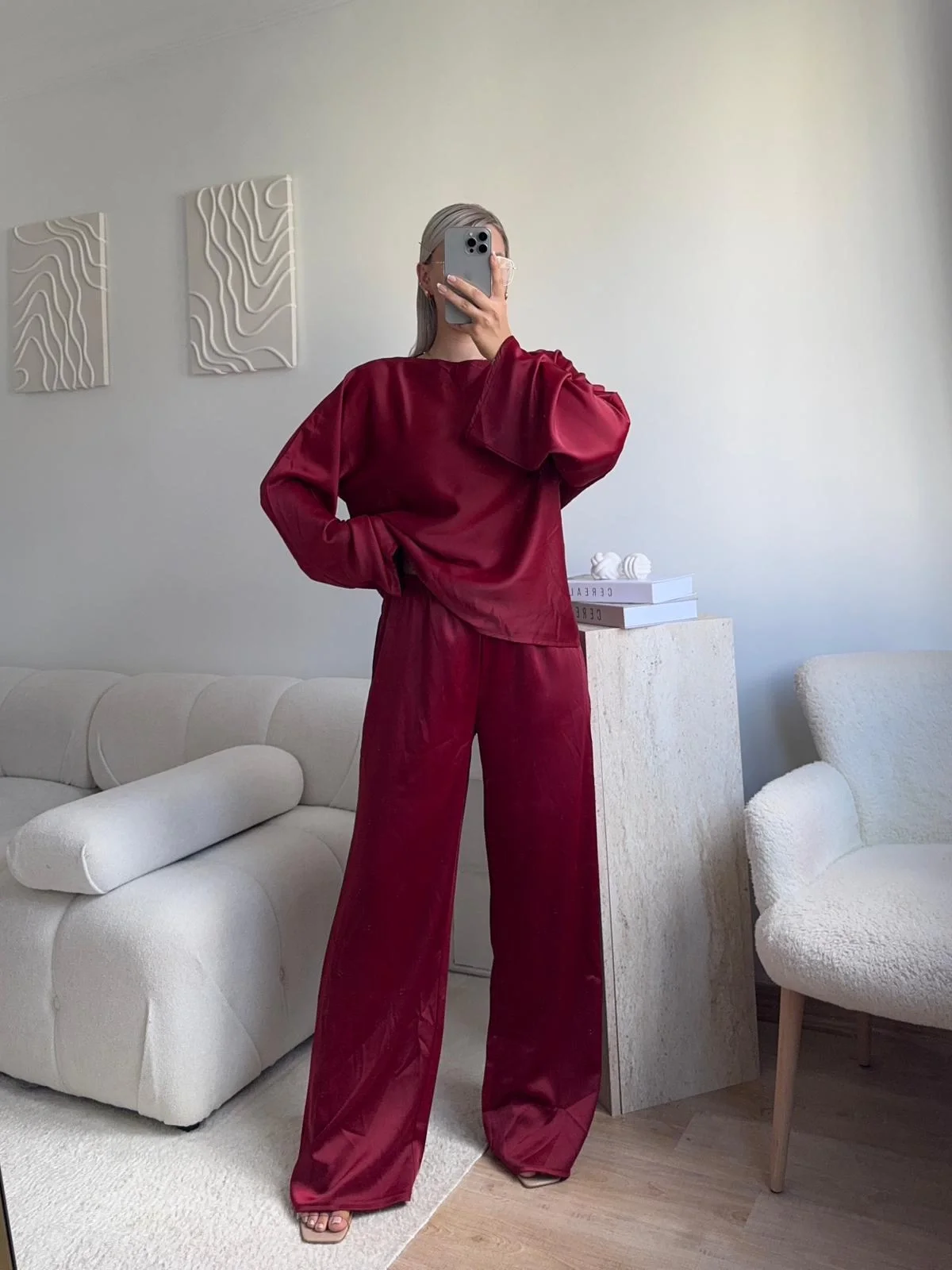 Saten Oversize İkili Takım - BORDO