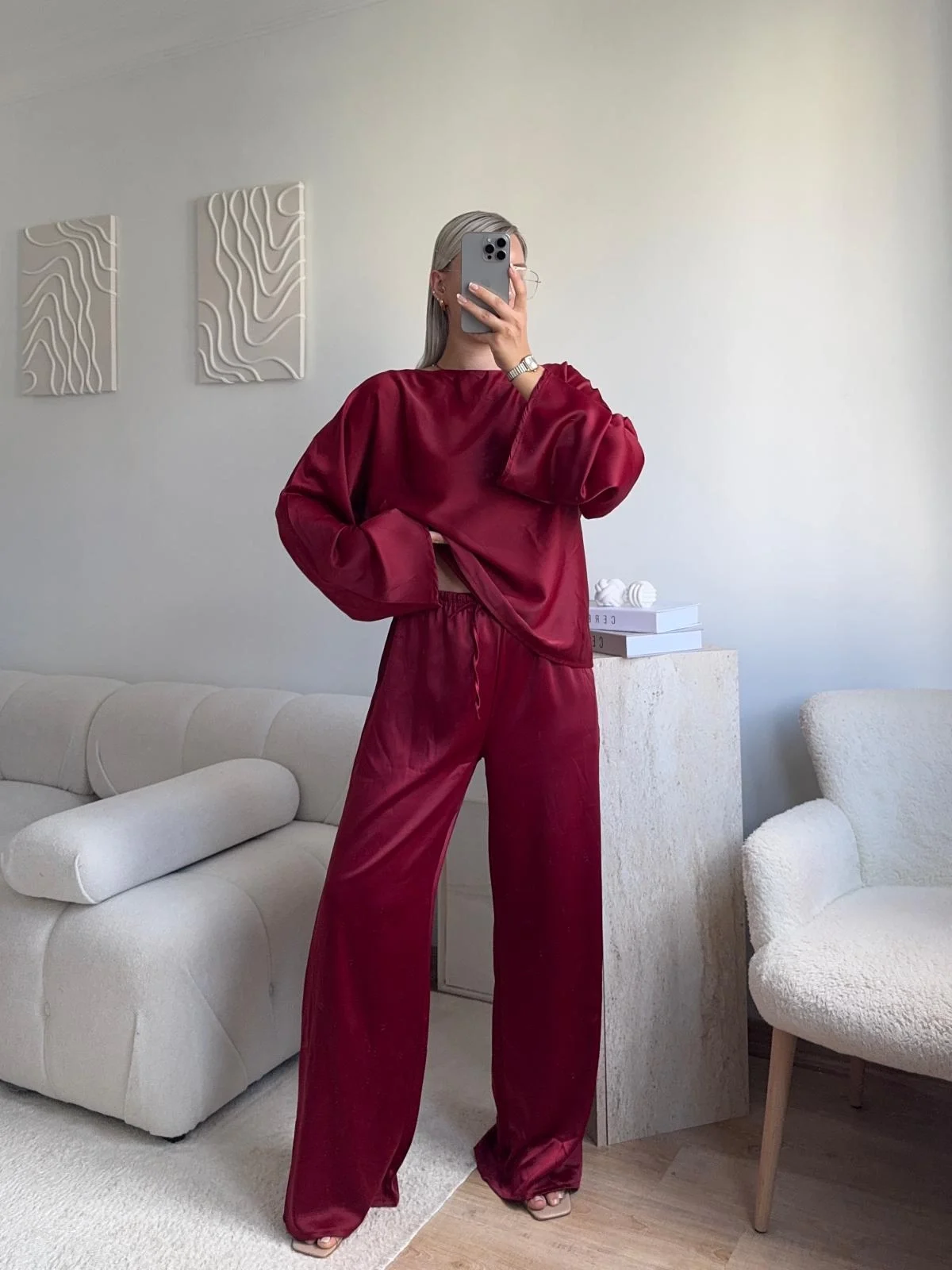 Saten Oversize İkili Takım - BORDO