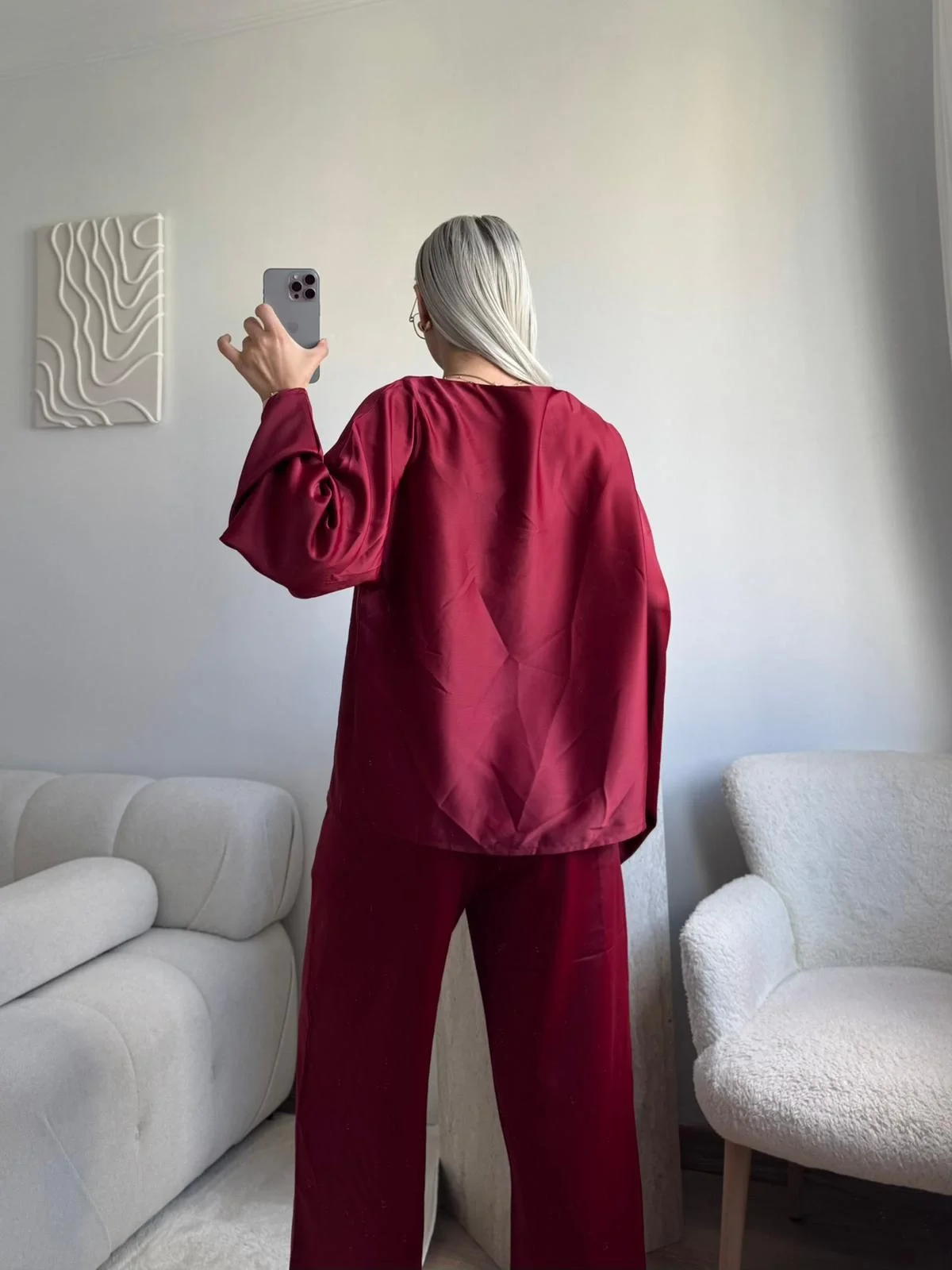 Saten Oversize İkili Takım - BORDO