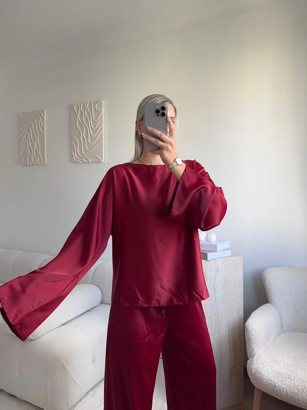 Saten Oversize İkili Takım - BORDO