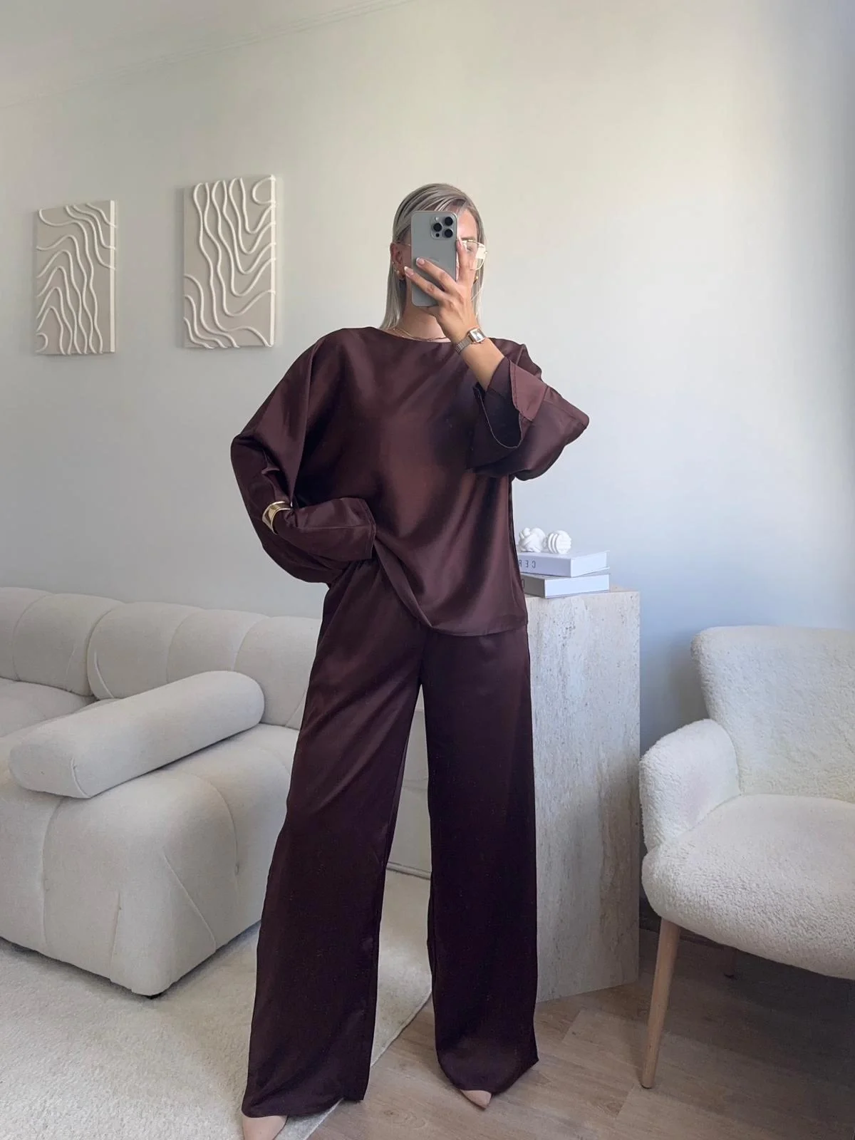 Saten Oversize İkili Takım - KAHVE