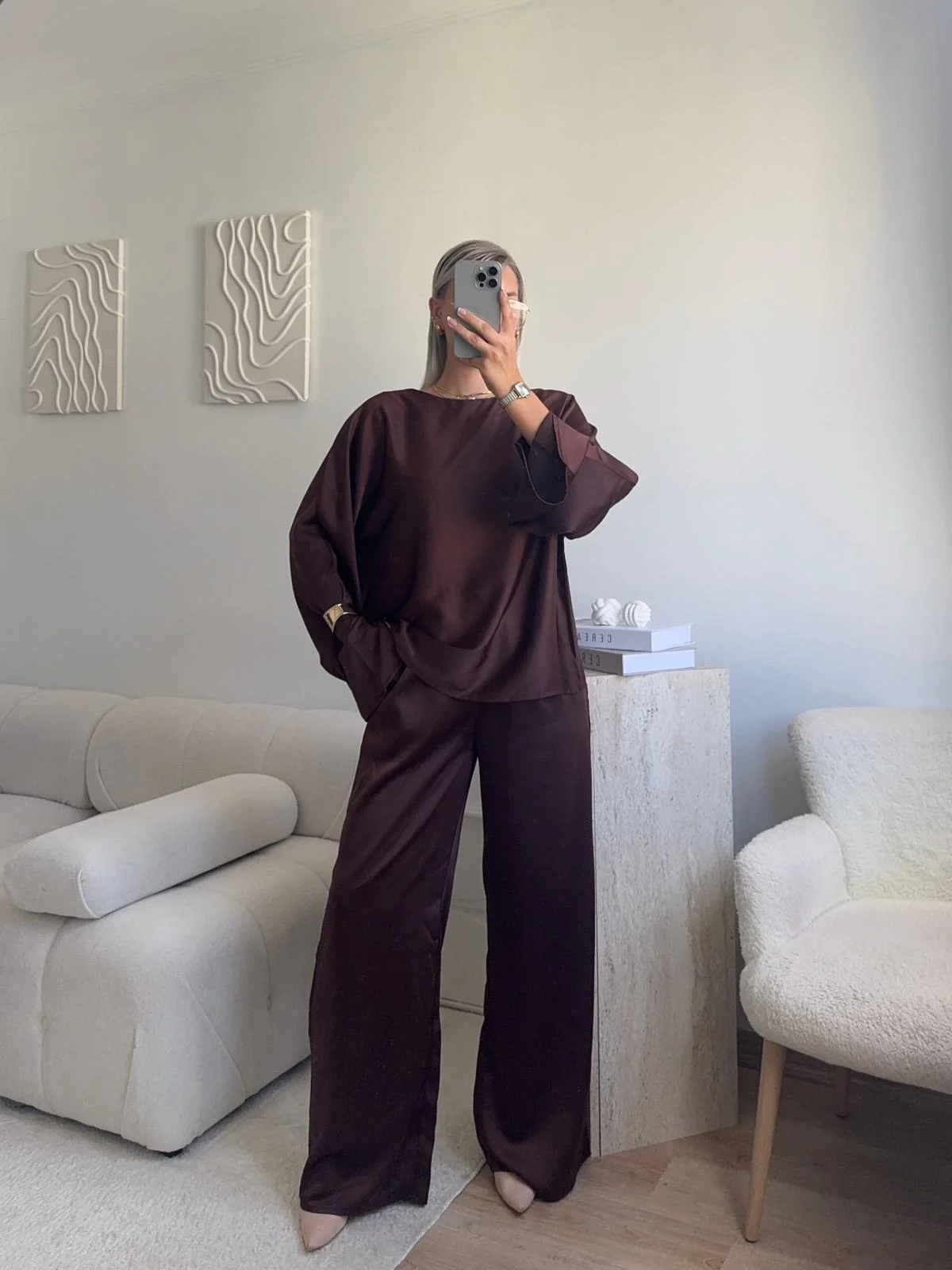 Saten Oversize İkili Takım - KAHVE