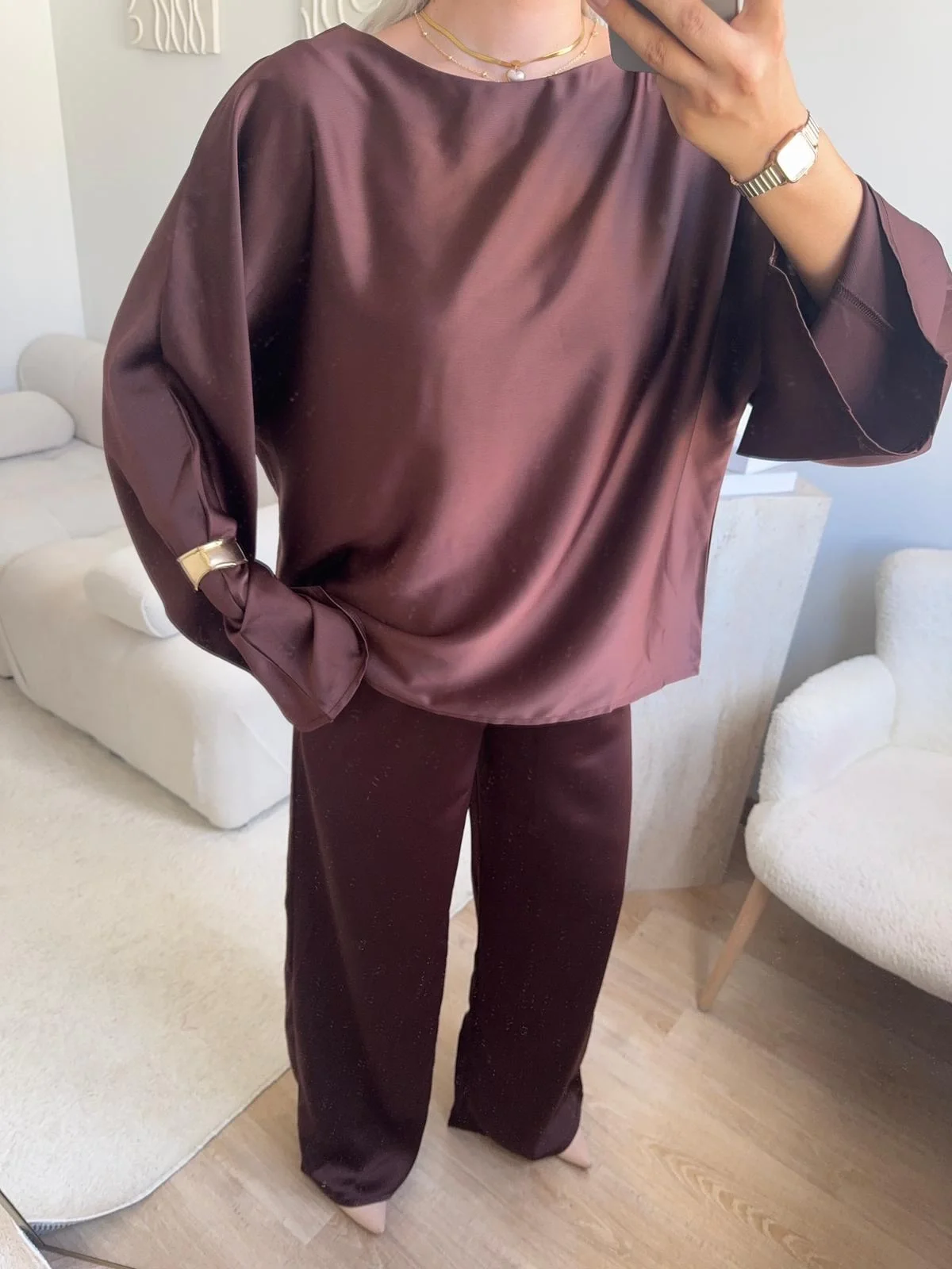 Saten Oversize İkili Takım - KAHVE