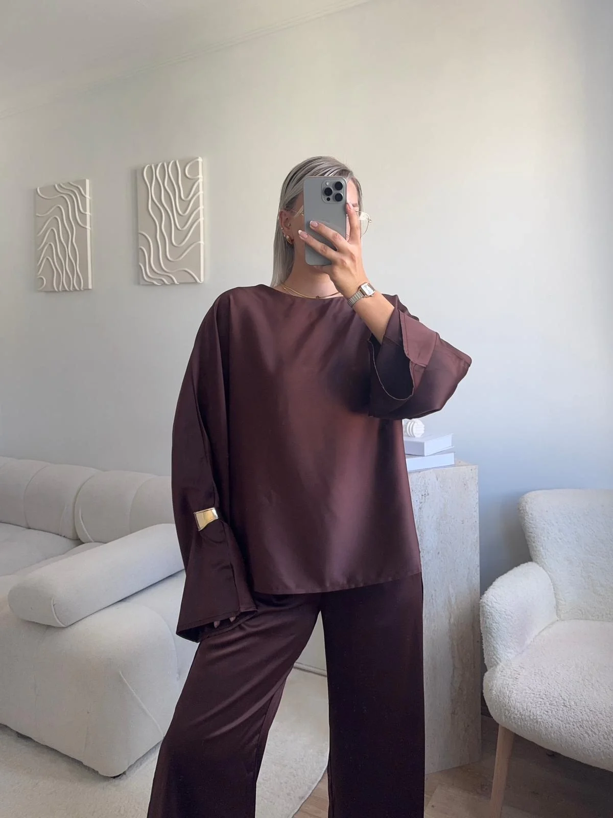 Saten Oversize İkili Takım - KAHVE