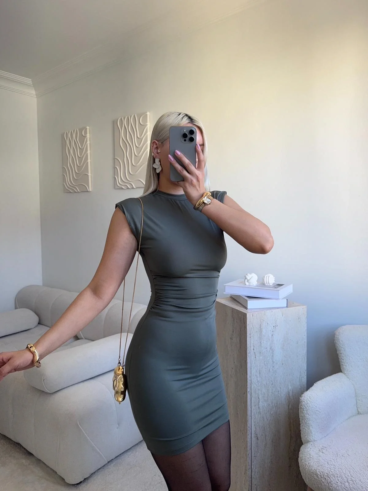 Sıfır Kol Büzgülü Elbise - HAKİ