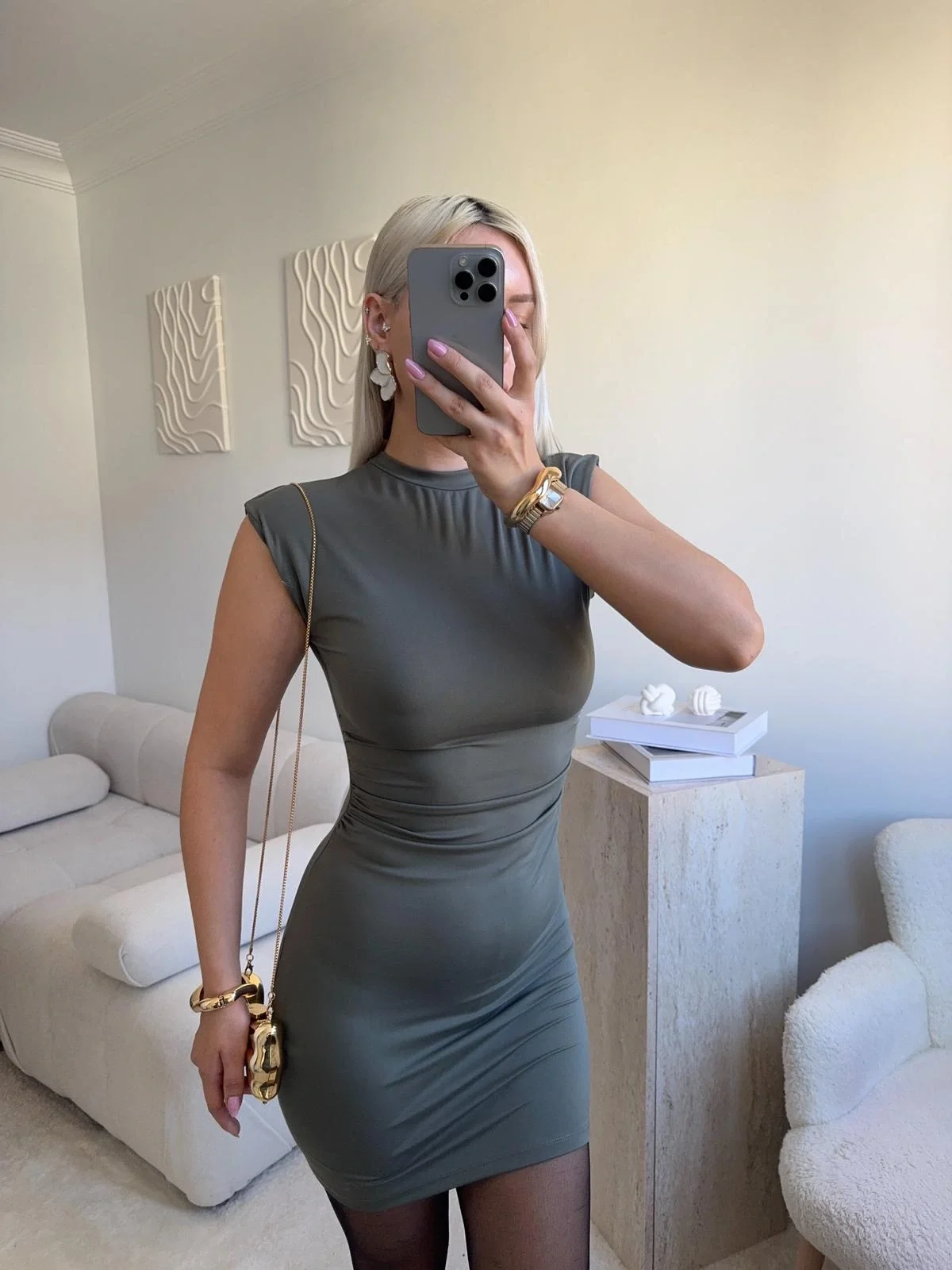 Sıfır Kol Büzgülü Elbise - HAKİ