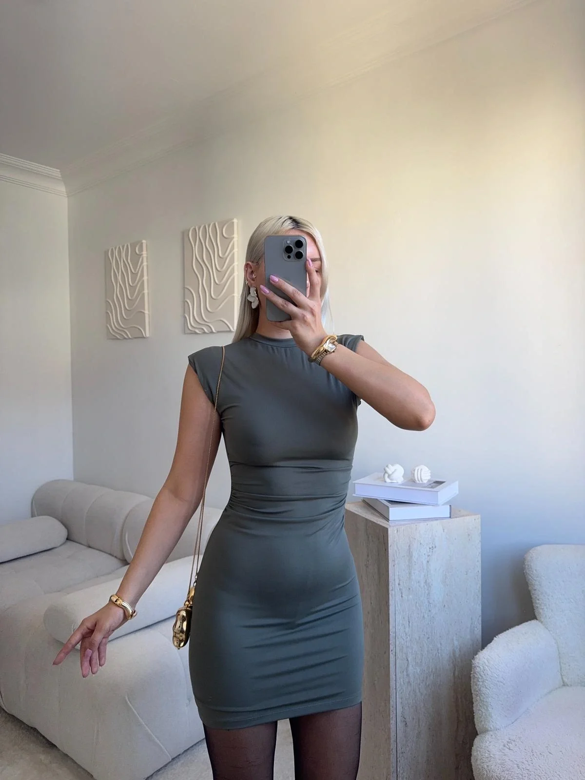 Sıfır Kol Büzgülü Elbise - HAKİ