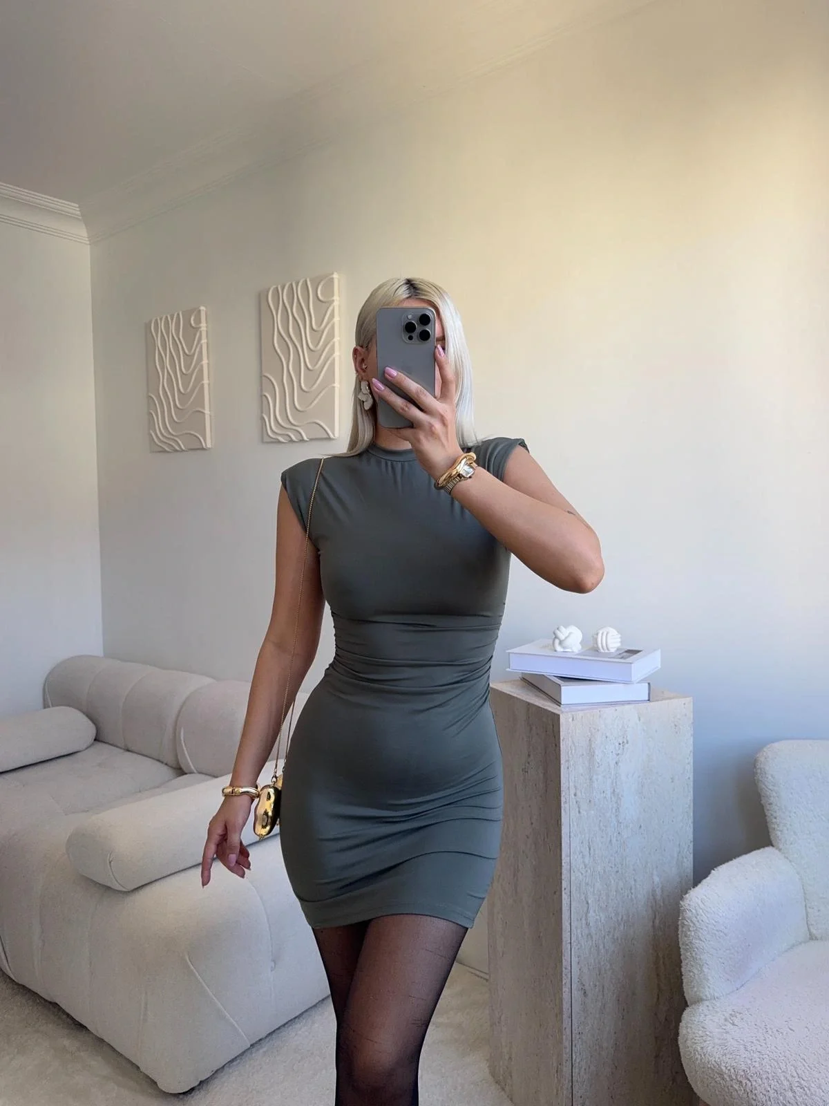 Sıfır Kol Büzgülü Elbise - HAKİ