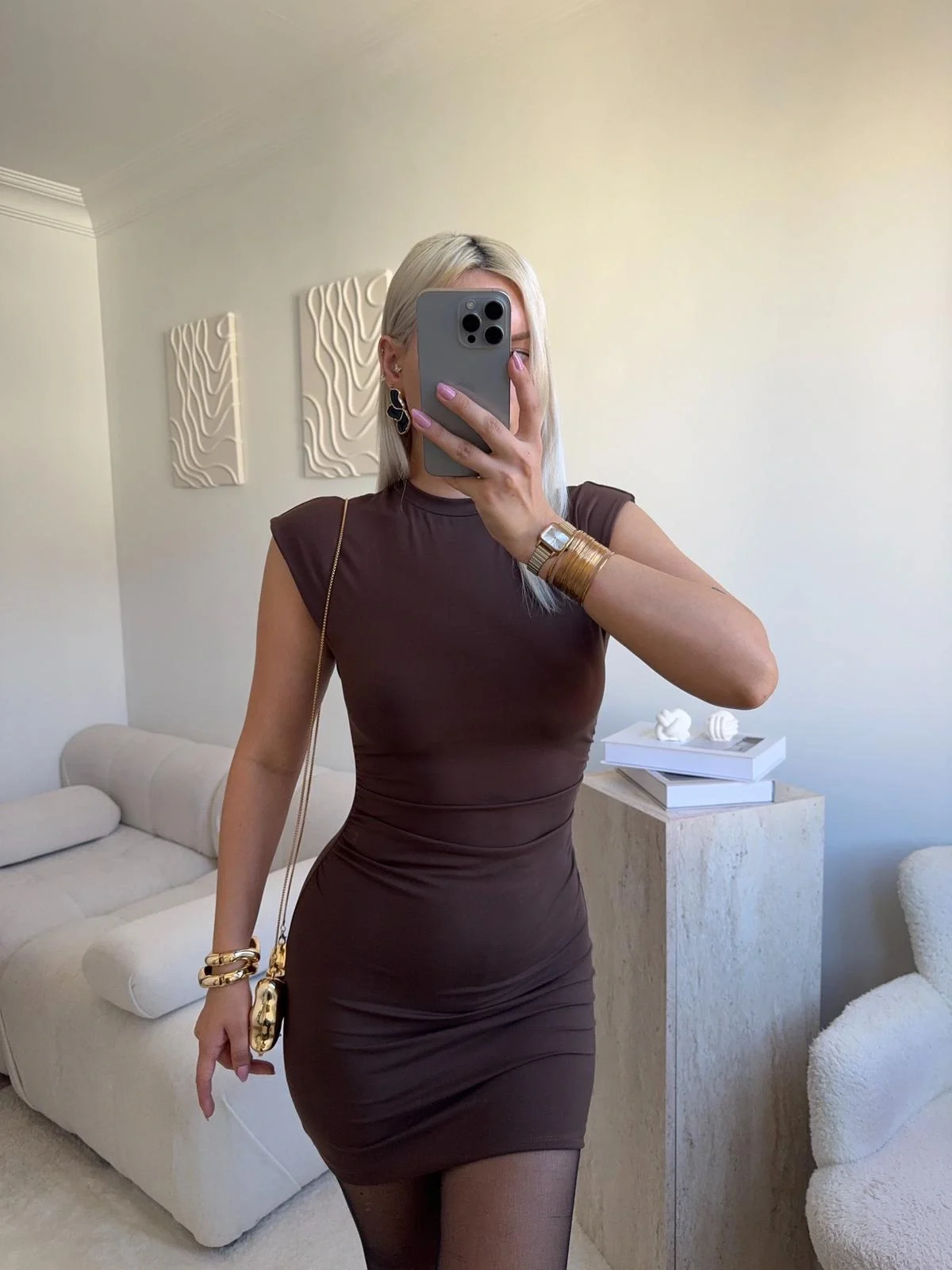 Sıfır Kol Büzgülü Elbise - KAHVE