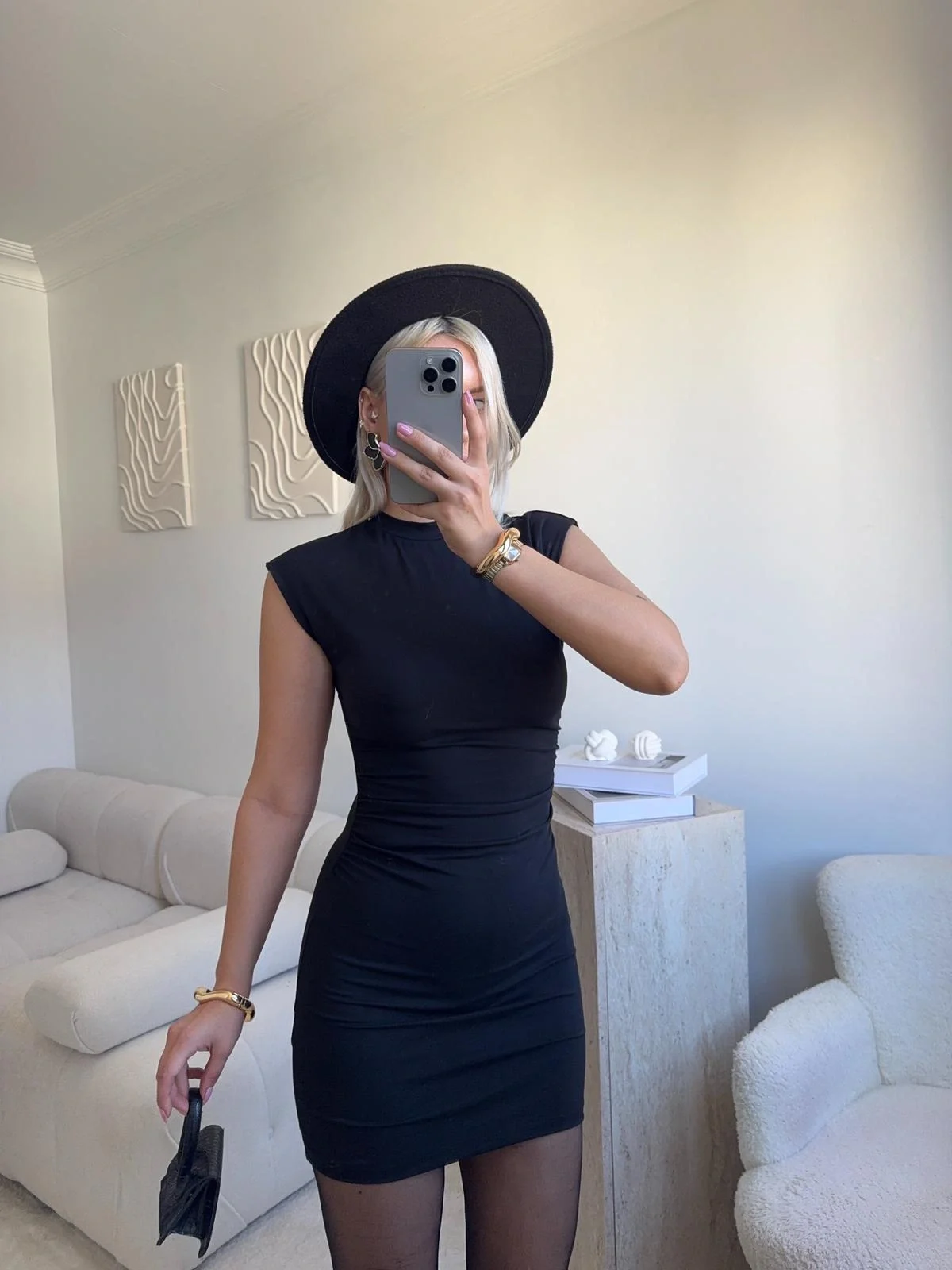 Sıfır Kol Büzgülü Elbise - SİYAH