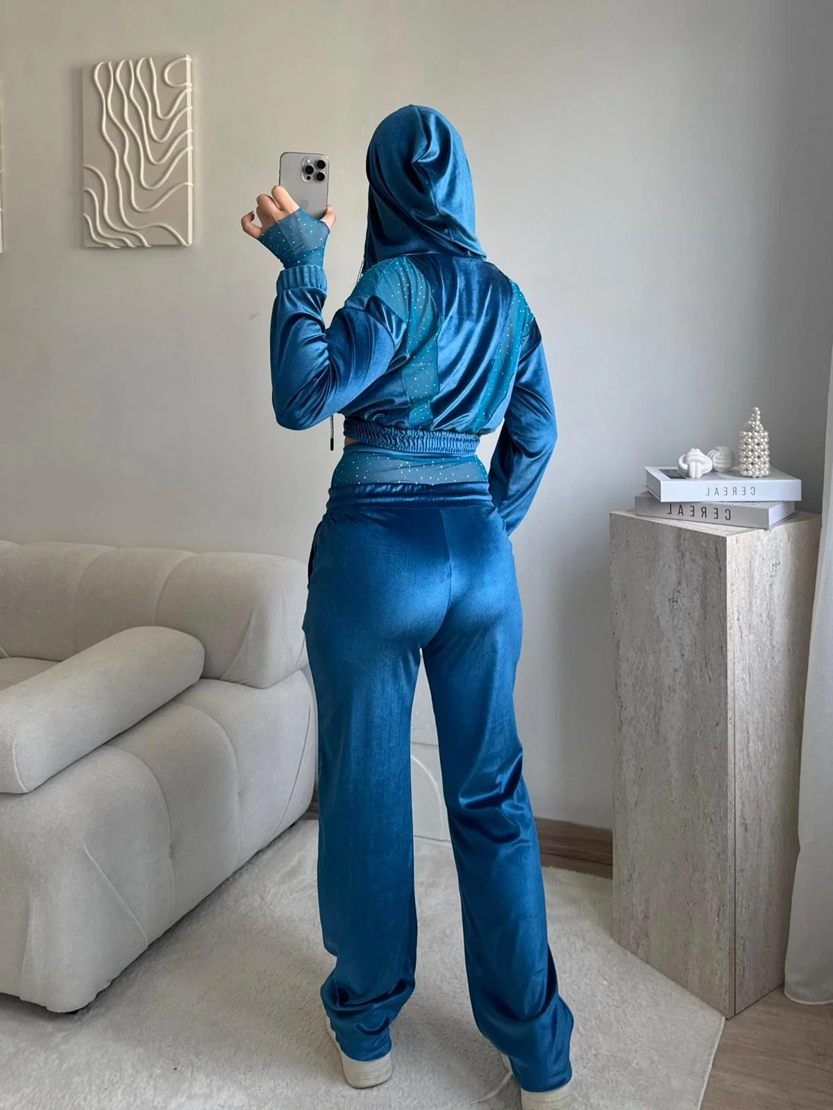 Şifon Detay Taşlı İkili Takım - MAVİ