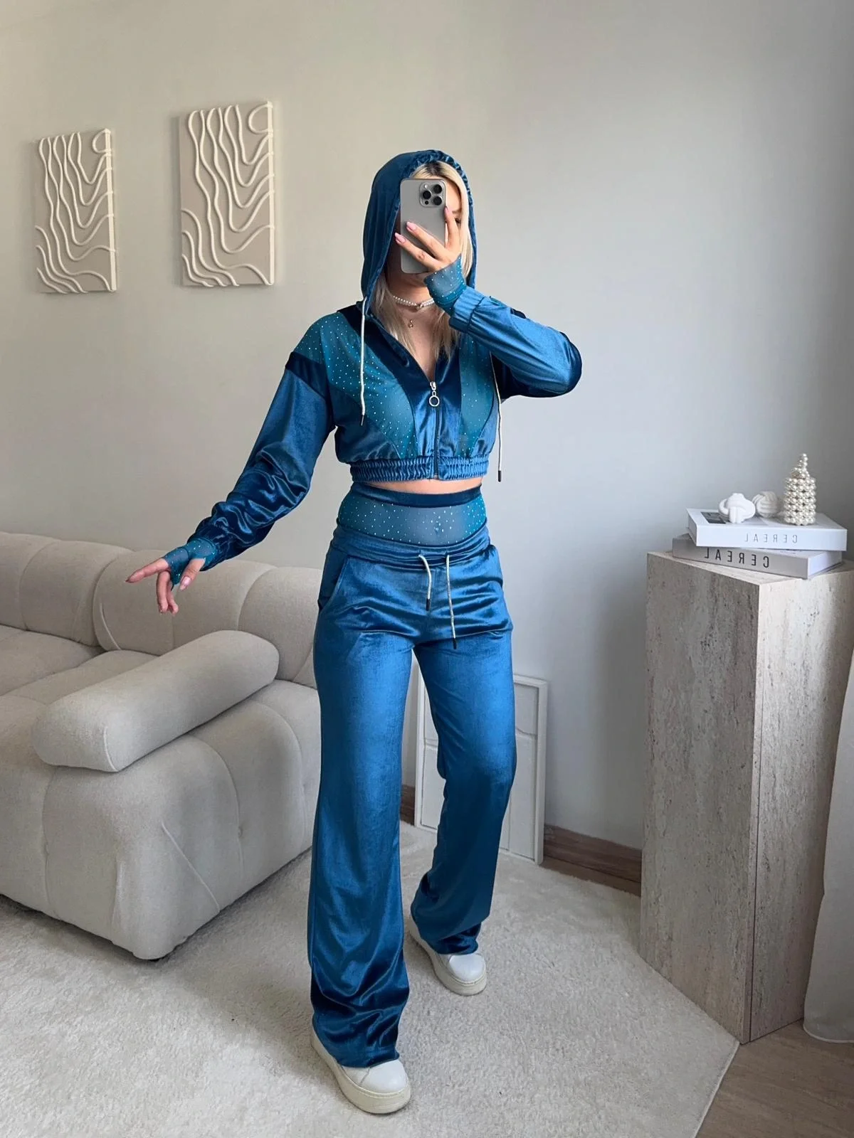 Şifon Detay Taşlı İkili Takım - MAVİ