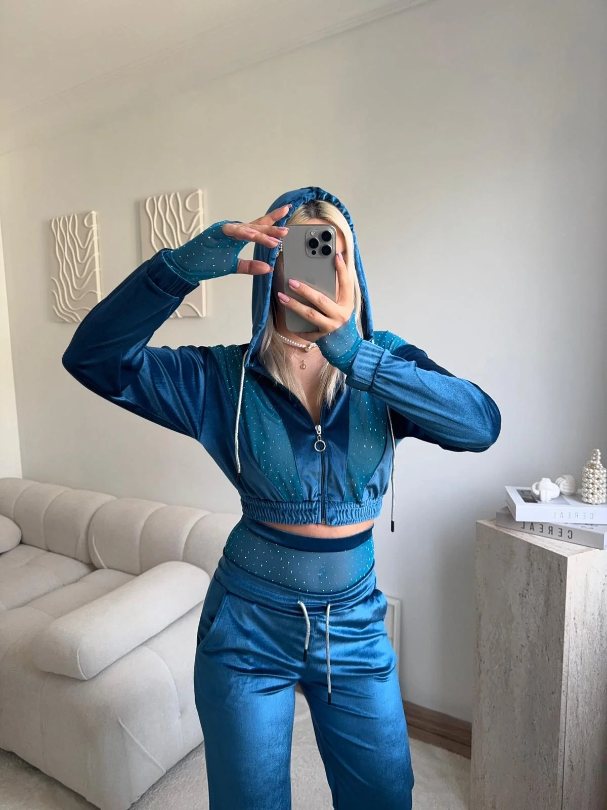 Şifon Detay Taşlı İkili Takım - MAVİ