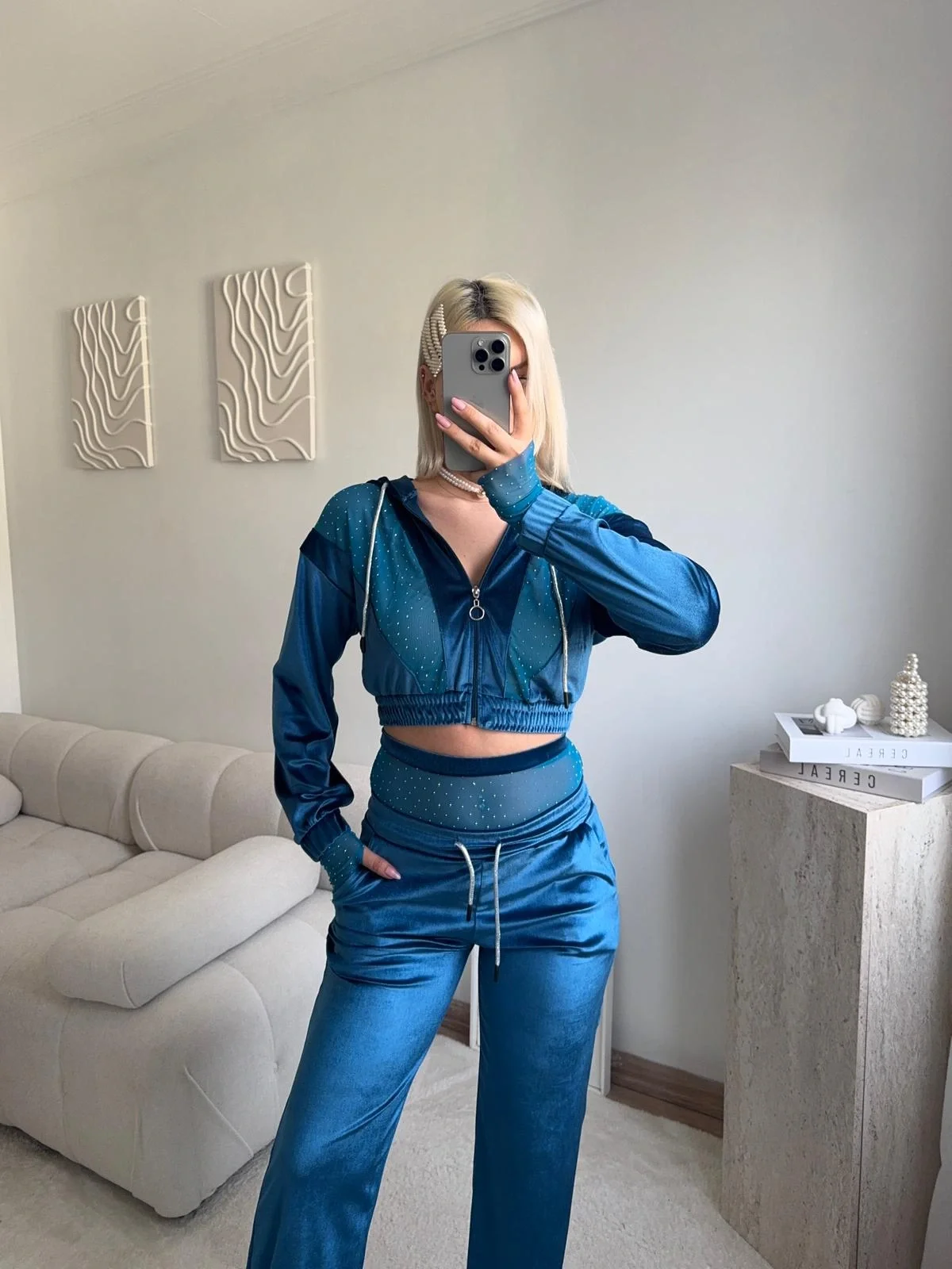 Şifon Detay Taşlı İkili Takım - MAVİ