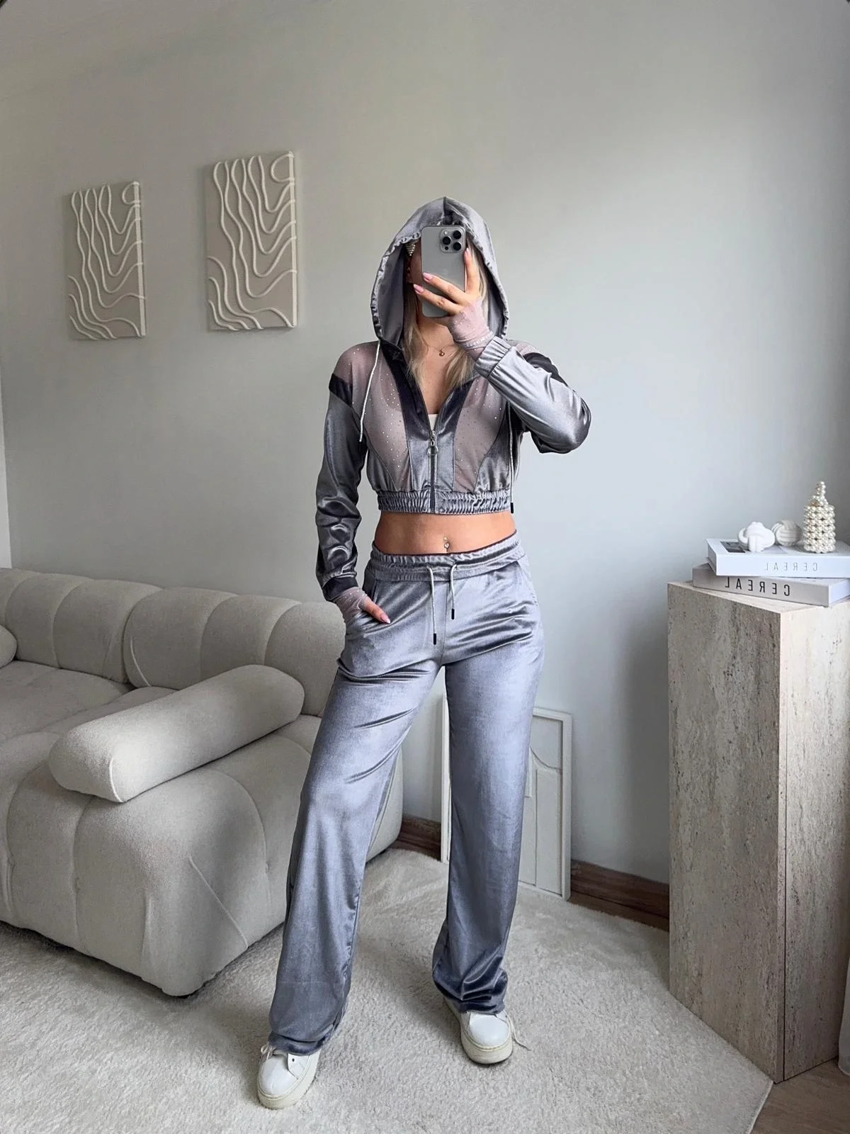 Şifon Detay Taşlı İkili Takım - GRİ