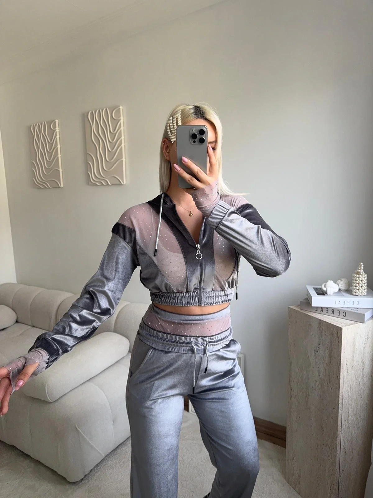 Şifon Detay Taşlı İkili Takım - GRİ