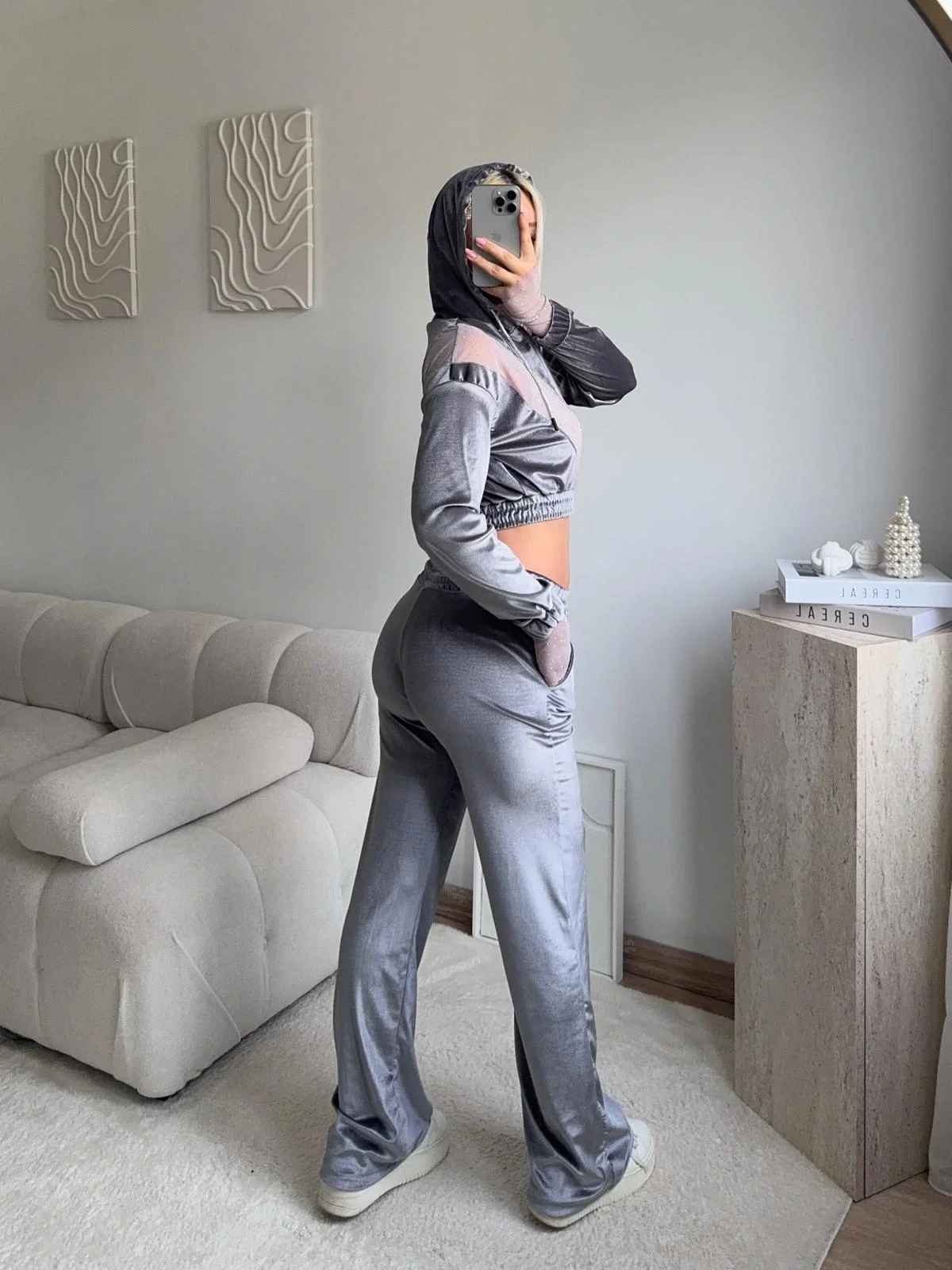 Şifon Detay Taşlı İkili Takım - GRİ