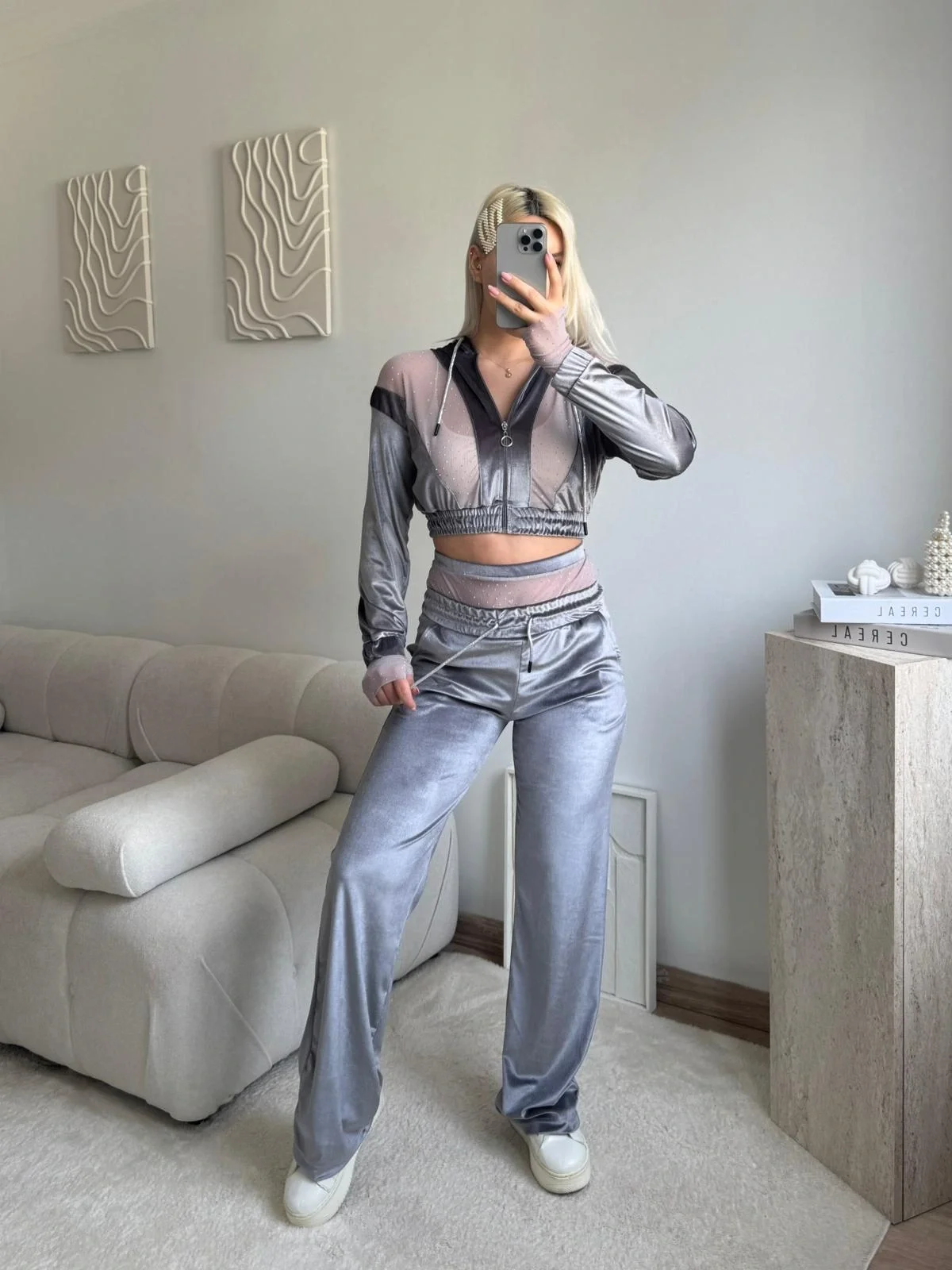 Şifon Detay Taşlı İkili Takım - GRİ