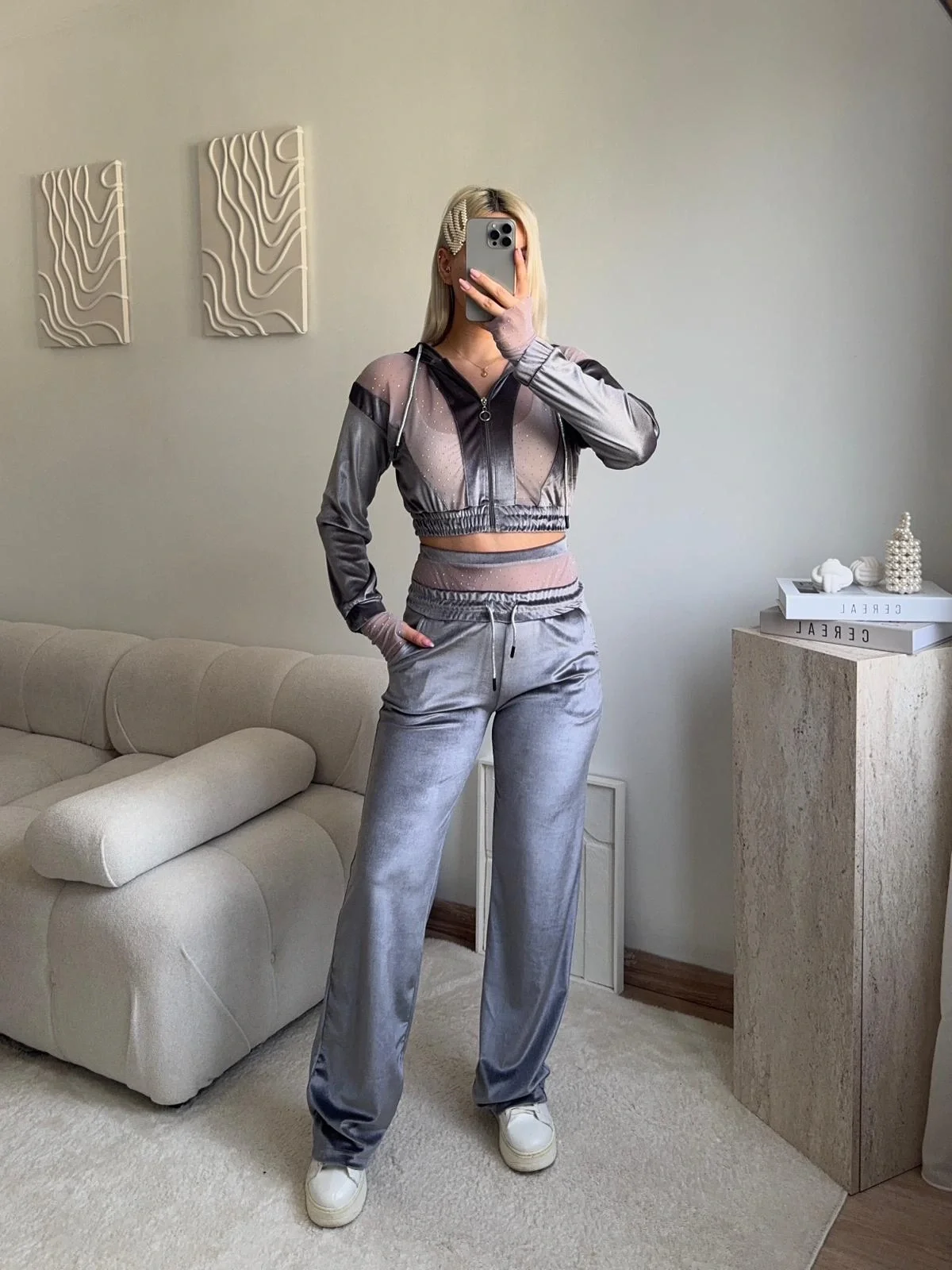 Şifon Detay Taşlı İkili Takım - GRİ