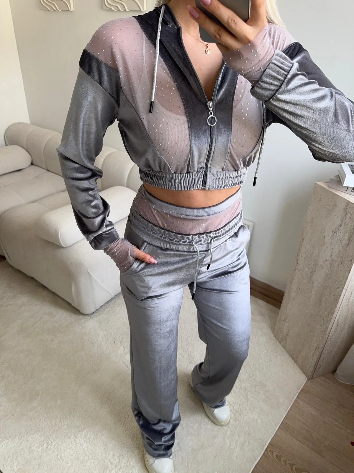 Şifon Detay Taşlı İkili Takım - GRİ